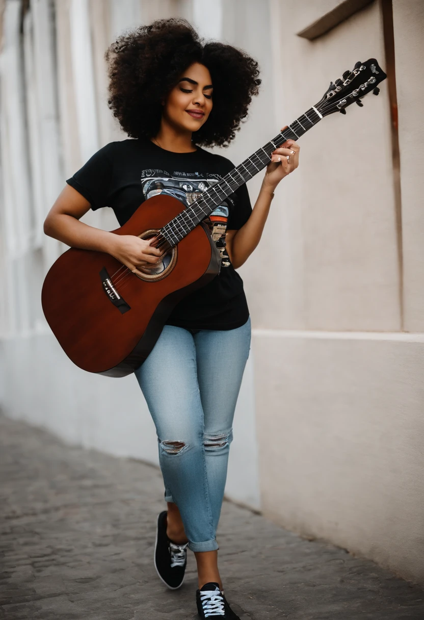 crie um banner no estilo Pixar. A girl with Indian features, morena parda com cabelos curtos, Castanhos escuros, Curly and slightly grayish appearance, mas jovem, usando uma camiseta, Wearing jeans and holding a classical guitar with 7 strings, Wearing baggy black pants, camiseta preta larga, camisa xadrez preta, All STAR sneakers