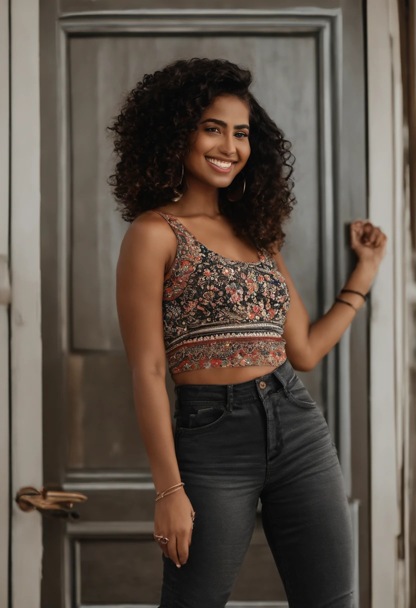crie um banner no estilo Pixar. A girl with Indian features, morena parda com cabelos curtos, Castanhos escuros, Curly and slightly grayish appearance, mas jovem, usando uma camiseta, Wearing jeans and holding a classical guitar with 7 strings, Wearing baggy black pants, camiseta preta larga, camisa xadrez preta, All STAR sneakers
