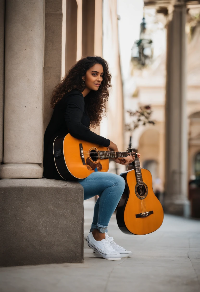 crie um banner no estilo Pixar. A girl with Indian features, morena parda com cabelos curtos, Castanhos escuros, Curly and slightly grayish appearance, mas jovem, usando uma camiseta, Wearing jeans and holding a classical guitar with 7 strings, Wearing baggy black pants, camiseta preta larga, camisa xadrez preta, All STAR sneakers