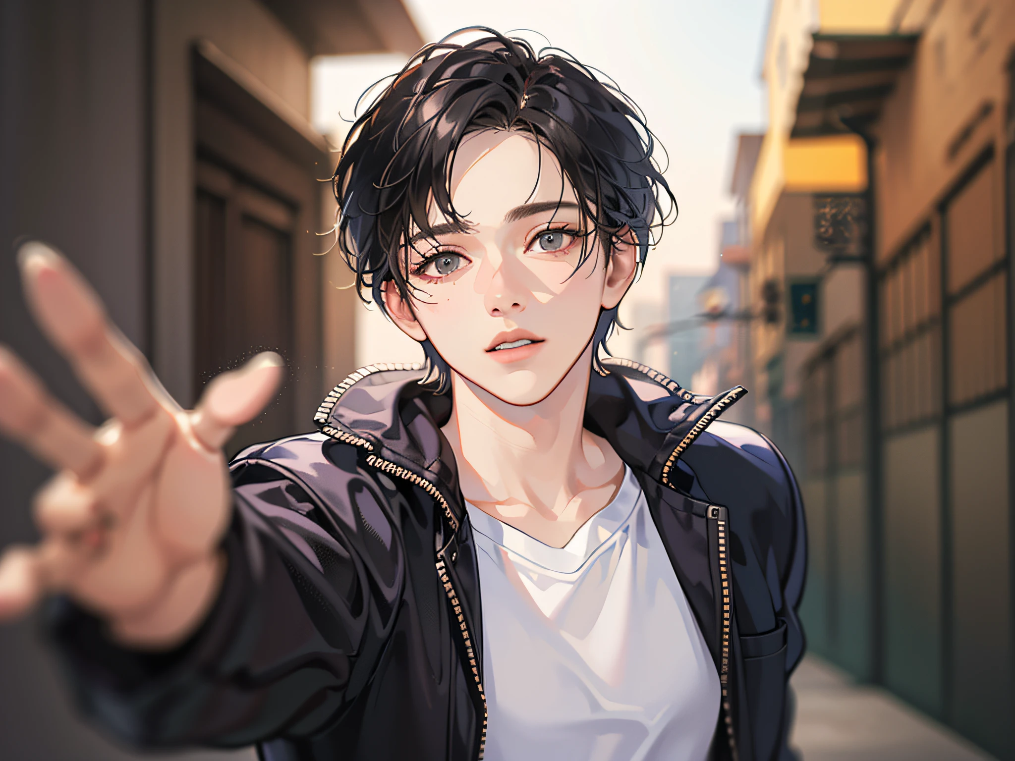 (best quality,4k,8k,highres,masterpiece:1.2),ultra-detailed,(realistic,photorealistic,photo-realistic:1.37),illustration,lonely man,late 20s,upper body,black hair,dark eyes,reaching out a hand towards the viewer,dynamic angle,wearing a sweatshirt,looking at the reviewer,background is an alley