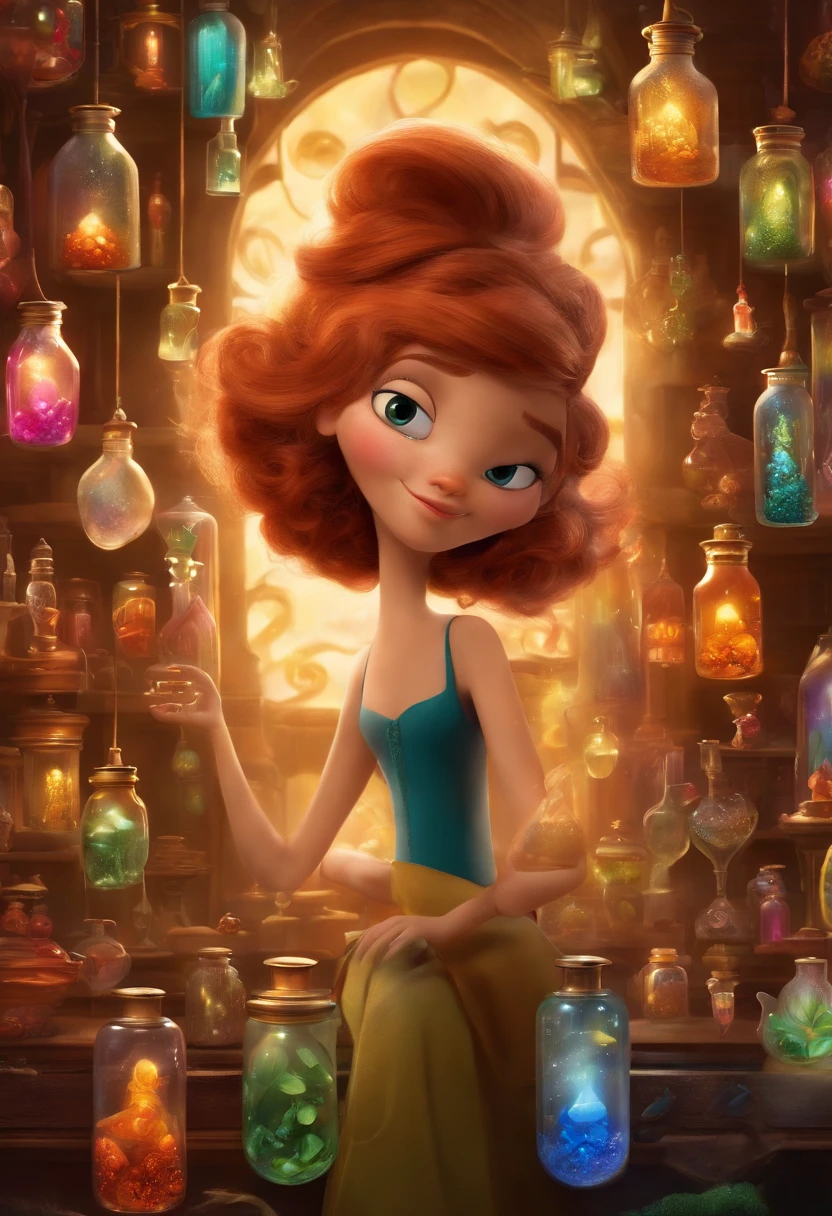 A collector of ideas inspired by Pixar animation, de perto. She is surrounded by a collection of magic vials, each containing a unique idea. The focus is on the character, with a captivating facial expression, Against a backdrop of shimmering, cores efervescentes.