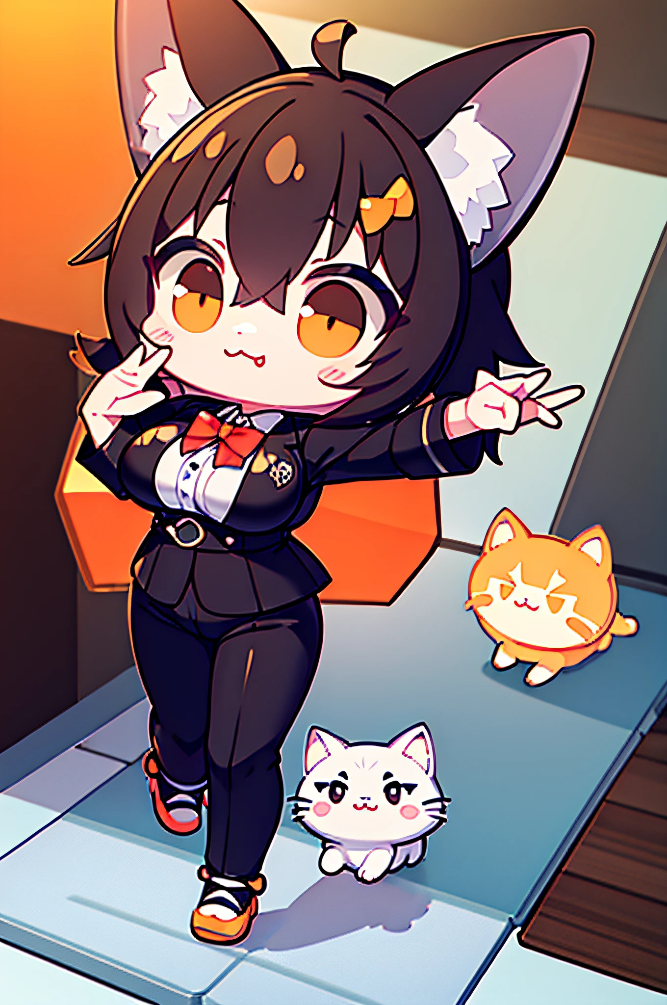 Little Cute Isometric Cat Emoji, Tuxedo Jack, Calico cat, hairy pubic,Cute big breasts, Pet Shop Background, Soft and muted colors, 3D Icon Clay Rendering, spring: 120 mm, 3D Blender Rendering, trending on polycount, Modular constructivism, Orange background, physically-based renderingt, The middle kitten raised her hand