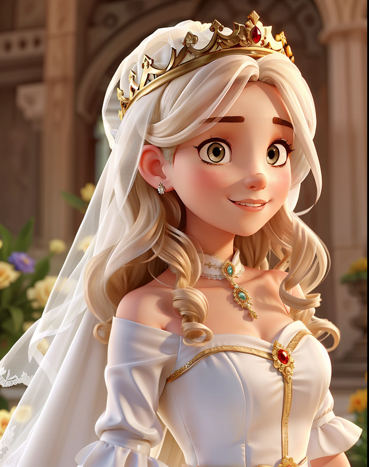 A woman bride in long white dress and crown on her head, She's white, has curly hair