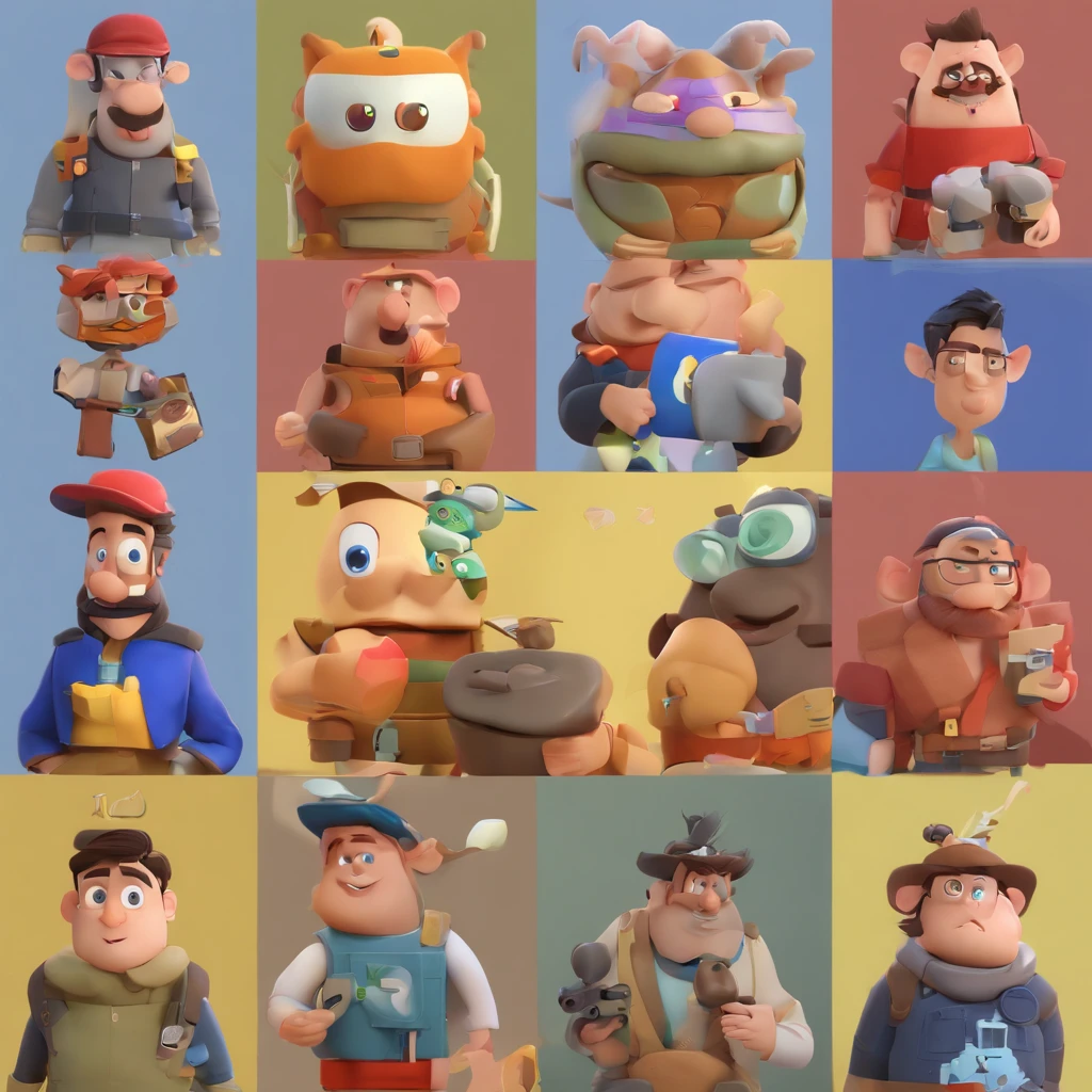 Criar um personagem no estilo Pixar. Trata-se de um homem de 30 anos, com barba curta, pardo , olhos estreitos, China-style, com cabelos castanhos curtos e um quiff, e olhos castanhos. Ele deve estar na frente de um computador, Trabalhar como designer