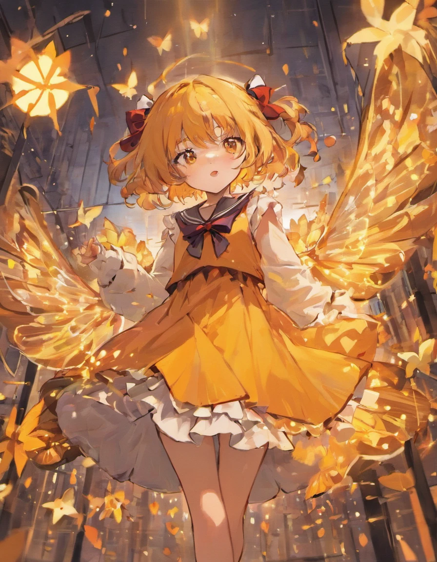 schoolgirls,Orange-yellow details,Orange and yellow dress,Long black hair,Long black hair with a red ribbon,Red ribbon bow。Autumn/Winter style,Gingko leaf litter,Yellow glowing butterfly detail,Butterfly detail,Butterflies glow