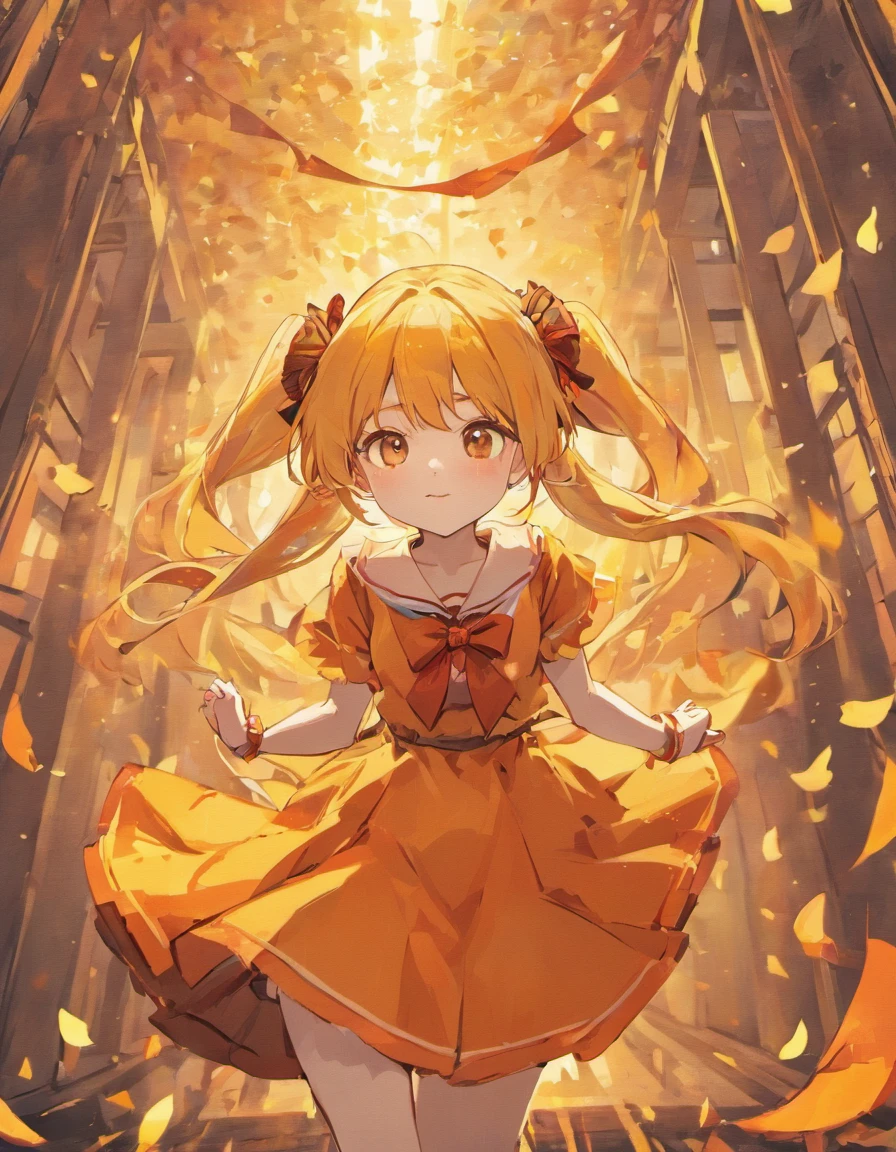 girls,Orange-yellow details,Orange and yellow dress,Long black hair,Long black hair with a red ribbon,Red ribbon bow。Autumn/Winter style,Gingko leaf litter,Yellow glowing butterfly detail,Butterfly detail,Butterflies glow