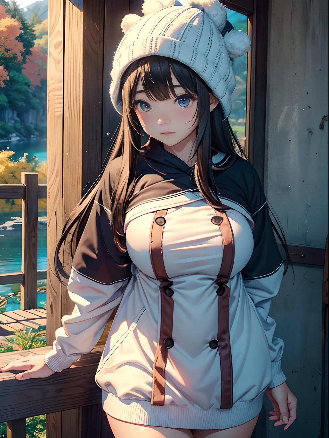 A teenage girl、(​masterpiece:1.4)、(in 8K、realisitic、Raw photo、top-quality:1.4)、(Real Face:1.4)、(real looking skin:1.3)、超A high resolution、A hyper-realistic、Eyes in Beautiful Details、Brown low twin tail、jersey、knit hat、(huge-breasted:1.5)、gargantilha、Blushing、alluring face、autumnal、mont、a river