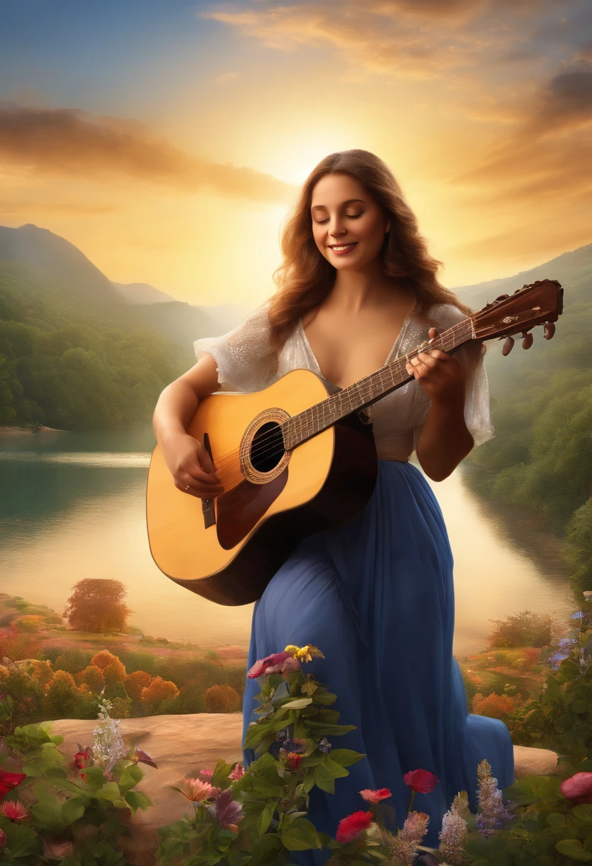 (best quality,4k,highres,masterpiece:1.2),ultra-detailed,(realistic,photorealistic,photo-realistic:1.37),illustration,beautifully lit,soft colors,lush garden,Jesus playing guitar,me singing with passion,captivating expressions,serene atmosphere,heavenly light,harmonious composition,detailed hands,fine brushwork,candid moment,celestial presence,happy faces,divine inspiration,uplifting music,vivid emotions,singing in harmony,transcendent experience,peaceful surroundings,sacred aura,soulful performance,spiritual connection,serenity in the air,euphoric ambiance,blissful energy,sweet melodies,joyful celebration,unforgettable memories,hopeful message,miraculous harmony,supreme bliss,divine intervention,synchronized rhythm,eternal happiness