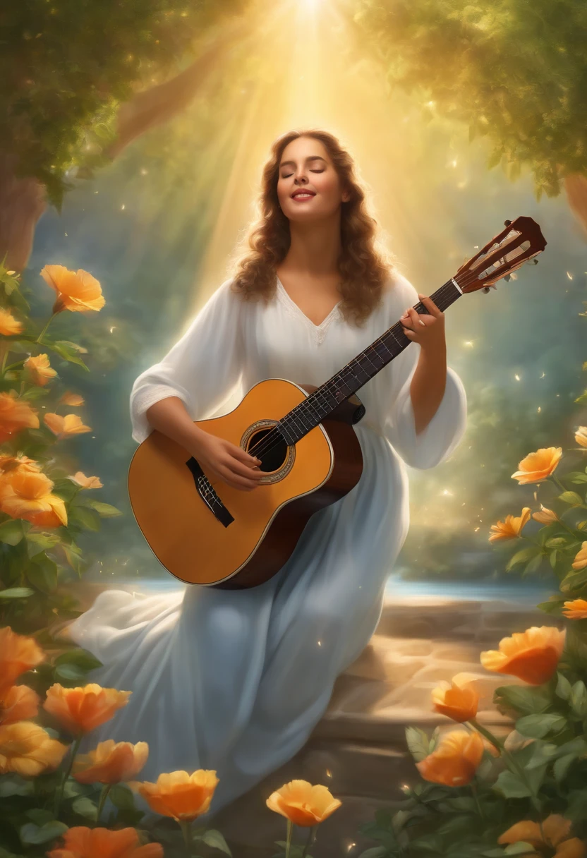 (best quality,4k,highres,masterpiece:1.2),ultra-detailed,(realistic,photorealistic,photo-realistic:1.37),illustration,beautifully lit,soft colors,lush garden,Jesus playing guitar,me singing with passion,captivating expressions,serene atmosphere,heavenly light,harmonious composition,detailed hands,fine brushwork,candid moment,celestial presence,happy faces,divine inspiration,uplifting music,vivid emotions,singing in harmony,transcendent experience,peaceful surroundings,sacred aura,soulful performance,spiritual connection,serenity in the air,euphoric ambiance,blissful energy,sweet melodies,joyful celebration,unforgettable memories,hopeful message,miraculous harmony,supreme bliss,divine intervention,synchronized rhythm,eternal happiness