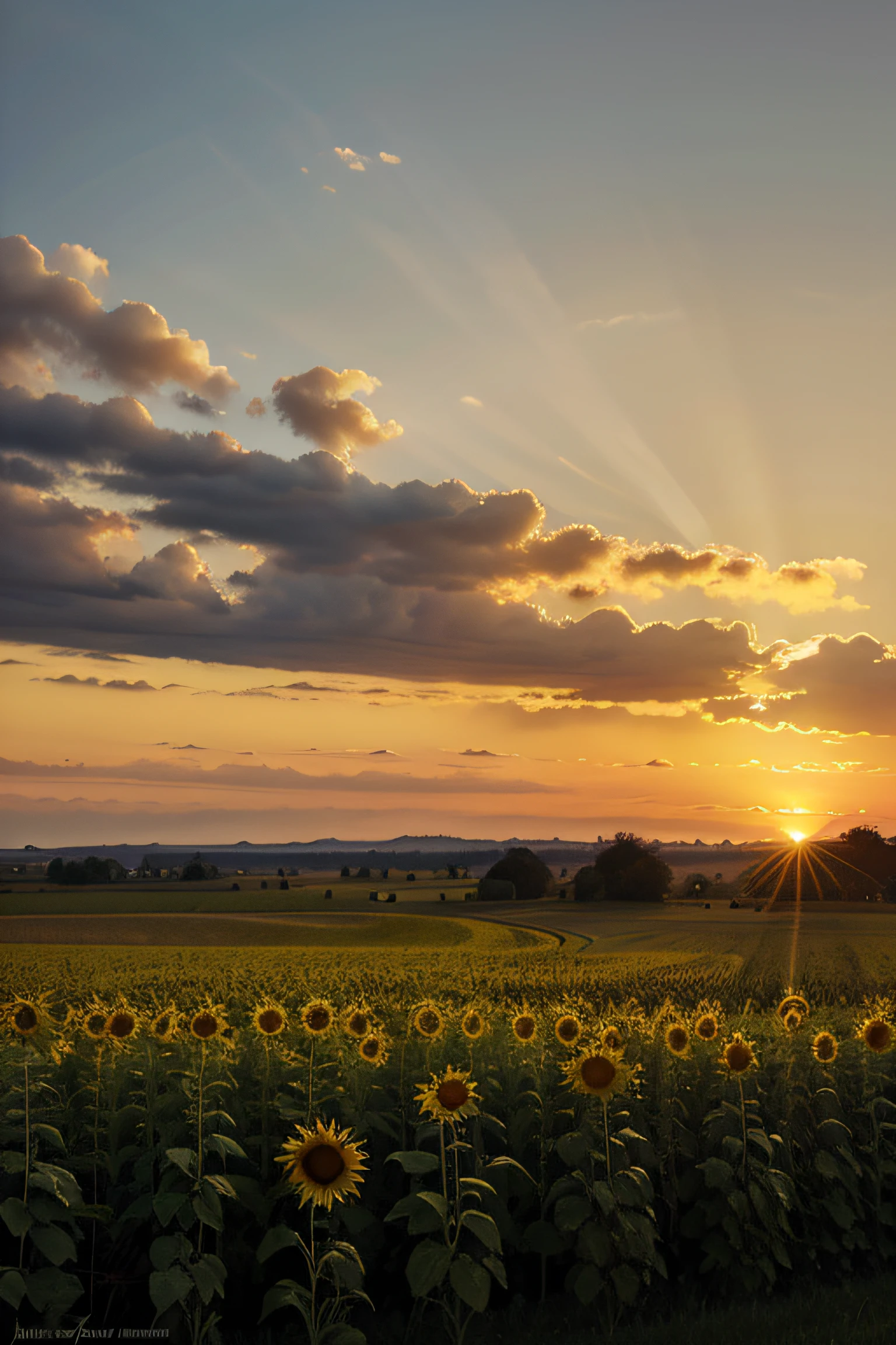 campo de girasoles en la planicie al atardecer