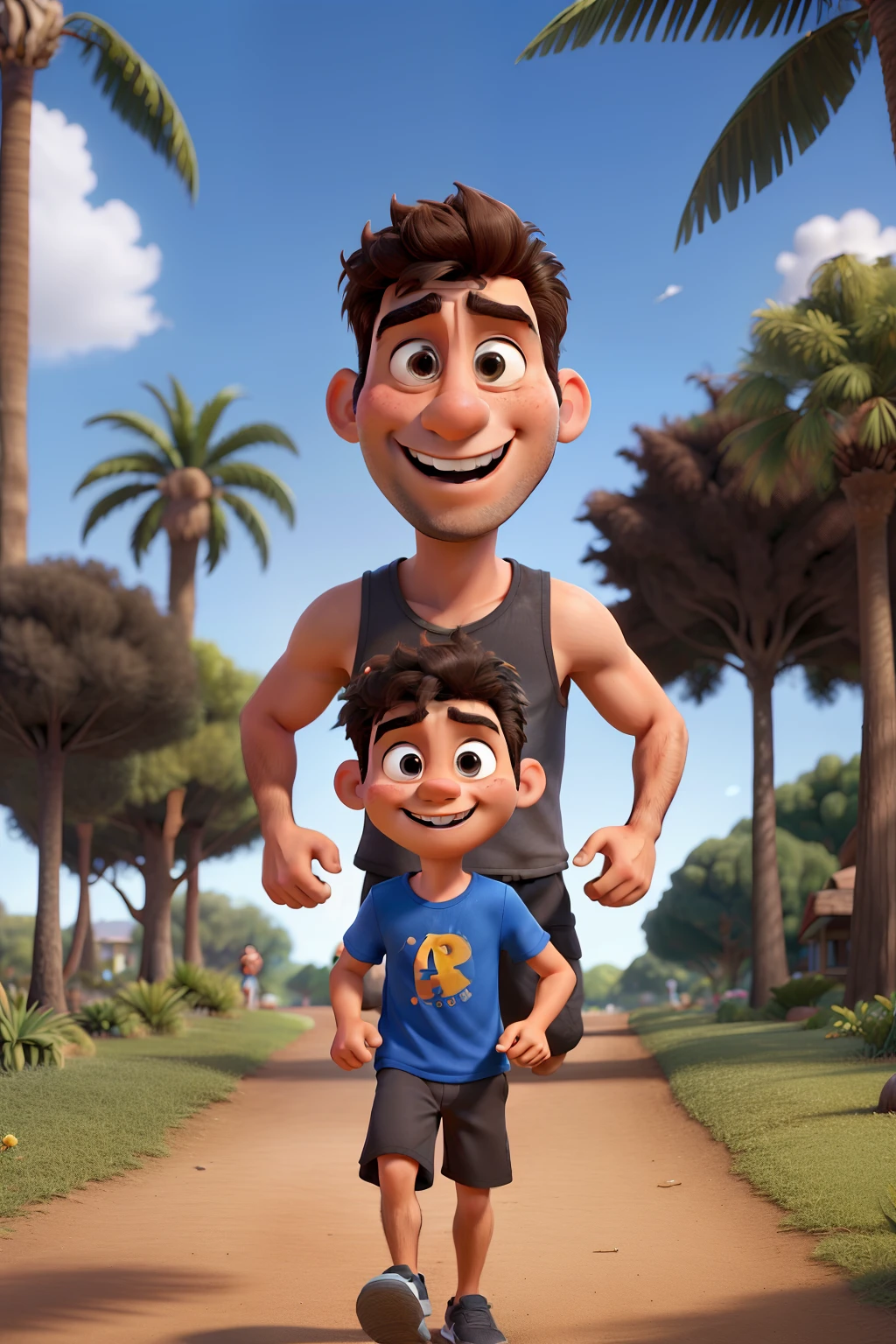 a 3d pixar disney style movie poster with The text "PAPAI" a 29 year old Brazilian man with short brown hair, happy, smiling, wearing a black tank top playing running with his 8 son who has a blue streak on his topknot hair, they are in a park full of trees.