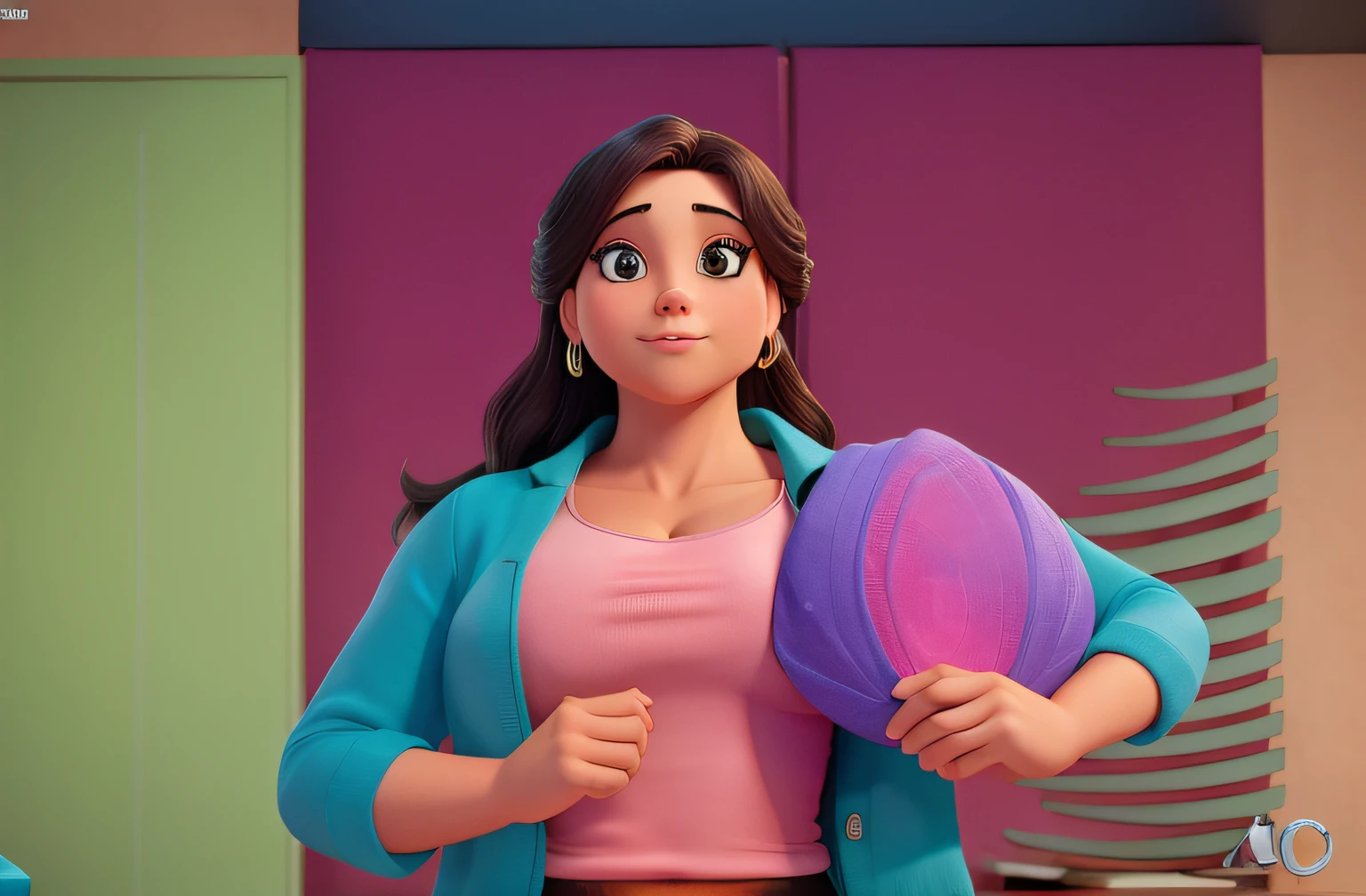 Young woman, which works in aesthetics,illustration,ultra-realistic:1.2,detailed green eyes and face,art,professional,studio lighting,art,Clean lines,female,colorful palette,hips,dark brown hair flows smoothly,sharp focus ,high. Pixar film title. title: Rafaela in Paris.