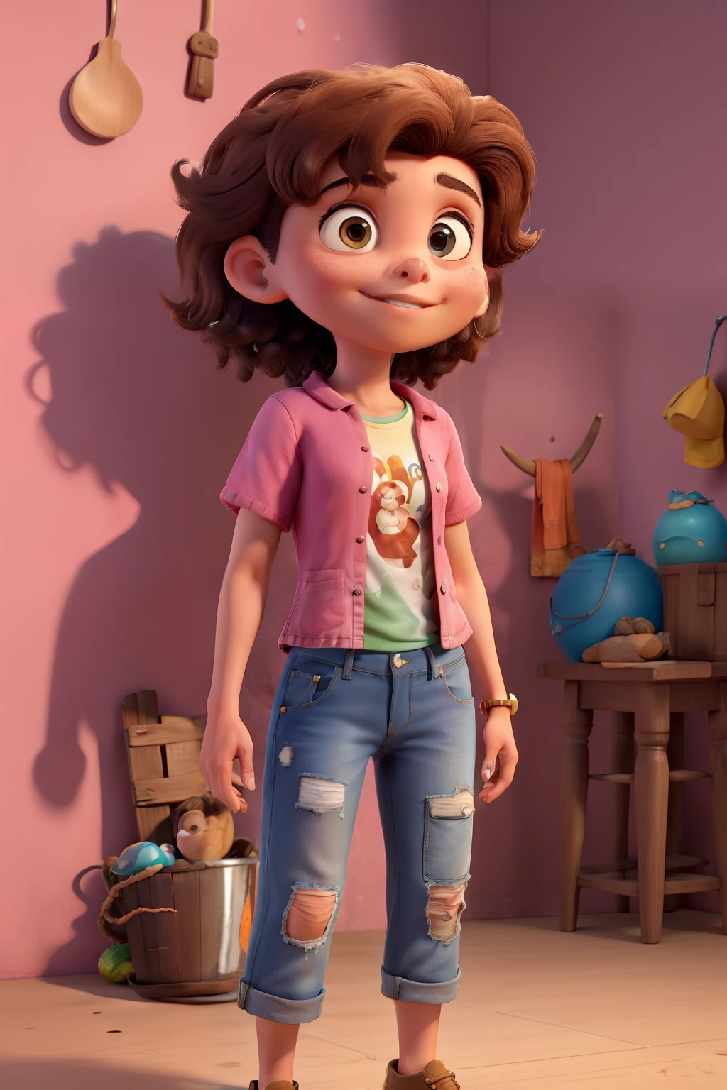 Obra-prima, de melhor qualidade, uma jovem de cabelo marrom cacheado longo, olhos marrom, boca volumosa, vestindo camiseta preta e um short jeans, piercing no nariz, Standing in front of a pink wall