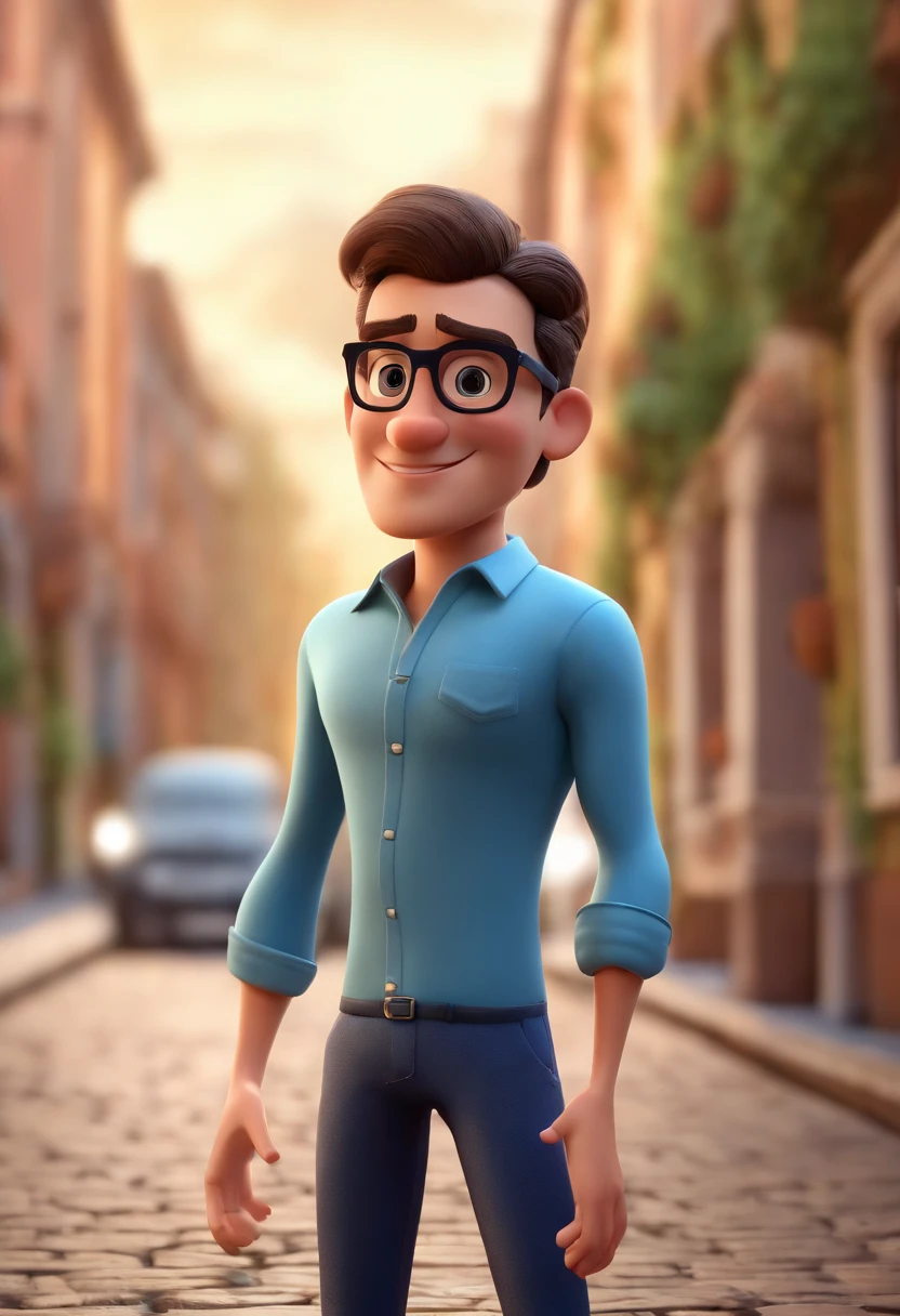 Cartoon character of a man wearing black glasses and a blue shirt, um personagem animado, Caractere estilizado, animation style rendering, 3D estilizado, Arnold Maya render, 3 d render stylized, toon render keyshot, Personagem 3D, Personagem 3D, 3d rendering stylized, 3 d character render, personagem de desenho animado, Personagem de close up, Pose de personagem, (Estilo Pixar) (master part:1.2) (Bokeh) (best quality) (pele detalhada) (textura detalhada) (8k) (argila) (Cinematic lighting) (foco nítido,Senta e vaza a parte superior do corpo