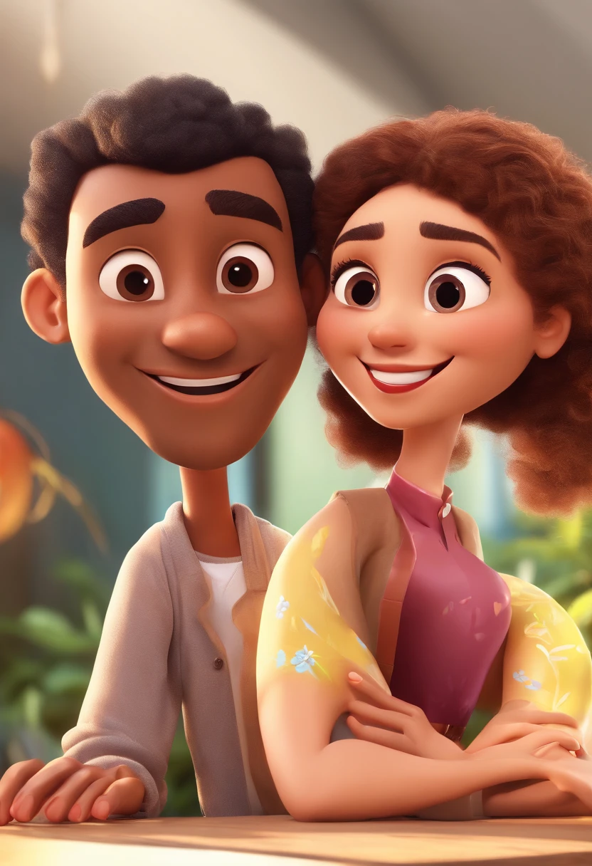 An illustration of an adorable couple, Highlight for a chubby mulatto man with glasses smiling and a brunette woman with beautiful expressive eyes - the man's skin is mulatto and the man's hair haswhile the woman's skin is black and the woman's hair is straight and brown. They are a bright room, cada um com um sorriso no rosto, e compartilhar um momento especial caracterizado pelo amor, Insights. Illustrate this scene from a perspective where they are facing the camera, Smiling and Showing Your Connection. Desenvolva esta arte em Full HD, Focus on your cinematic touch, Estilo Disney Pixar Animations