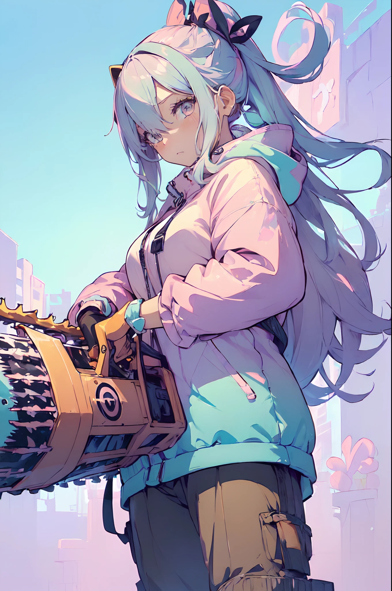 (Cute illustration:1.5),(pastel color:1.5),(Cute,kawaii,Dolce:1.2),(watercolor paiting:1.1),
1girl in,Solo,
oversized hooded jacket,
Full body,open stance,
BREAK
(Chainsaw:1.2)
(A very huge chainsaw in his hand:1.6),
(Huge and cute weapons , Giant cute weapon:1.3),

break
Simple background,
bold outline,Flat color,fine outline,Pink outline,
nice hand, Perfect hands,Have the chain perfectly