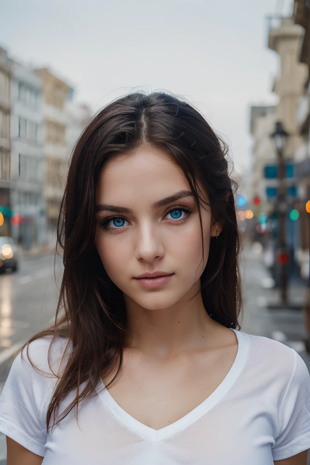 topquality, tmasterpiece, hight resolution, photorealestic, raw photograph, ((one beautiful woman)), 22 years old, Detailed Face, beautiful blue eyes, Depth of field, city street, small boobs, Weak lips