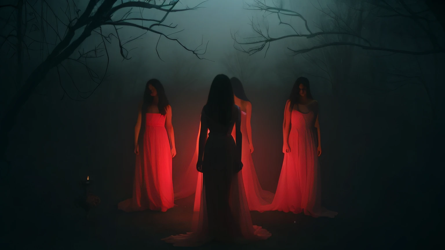 Tres mujeres con vestidos largos se paran en un bosque oscuro por la noche, Imagen espeluznante espiritual espeluznante, Dramatic and frightening red lighting, Hermoso con vibraciones misteriosas, oscuro, Siluetas fantasmales, Figuras fantasmales, Fantasmas en el fondo, haunting atmosphere, Entidades oscuras, vibraciones espeluznantes, Spooky and dramatic atmosphere, con ojos rojos brillantes, Ojos rojos brillantes, Resplandor espeluznante, Brujas, a still of an ethereal