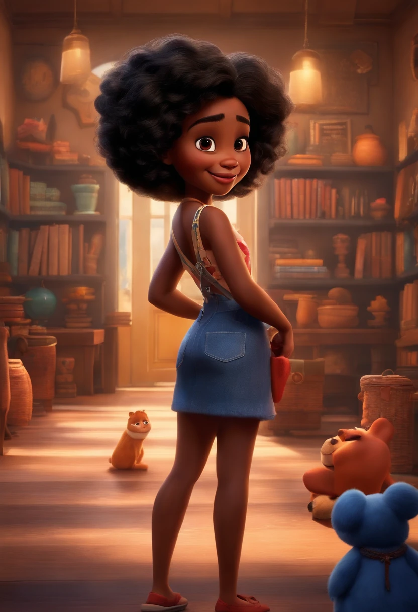 Um filme inspirado na Disney Pixar (MENINA NEGRA JOVEM COM CABELO LONGO CACHEADO PRETO) dentro A cena estar na arte distinta do estilo PIXAR, descolada e estilosa