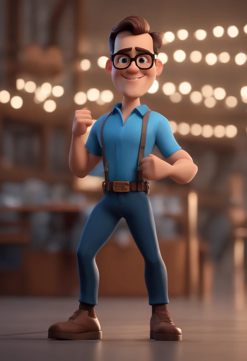 Cartoon character of a man with black glasses and a blue shirt, animation character, Caractere estilizado, animation style rendering, 3D estilizado, Arnold Maya render, 3 d render stylized, toon render keyshot, Personagem 3D, Personagem 3D, 3d rendering stylized, 3 d character render, personagem de desenho animado, Personagem de close up, Pose de personagem, (Estilo Pixar) (master part:1.2) (Bokeh) (best quality) (pele detalhada) (textura detalhada) (8k) (argila) (Cinematic lighting) (foco nítido
