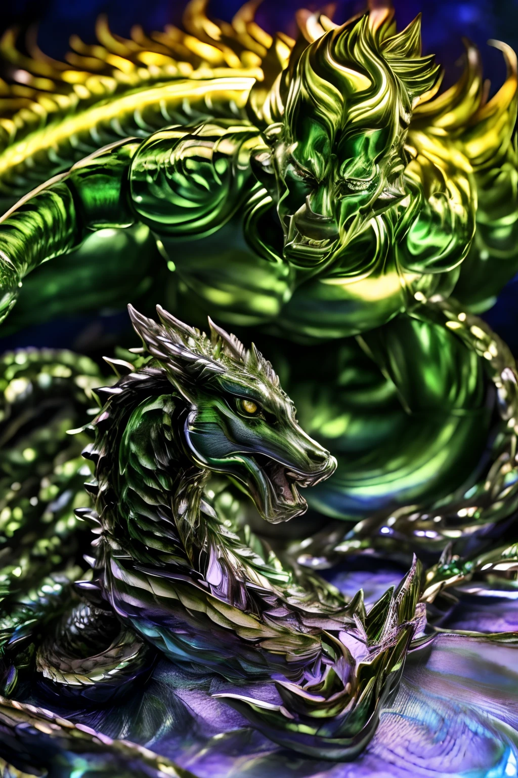 (best quality,4k,8k,highres:1.2),ultra-detailed,(realistic,photorealistic,photo-realistic:1.37),traditional hand-drawn,(Hirohiko Araki-style,Hirohiko Araki-inspired) monster serpent with two heads,(iridescent,shimmering,glowing) scales,sharp-clawed arms,emerald eyes,big mouth.