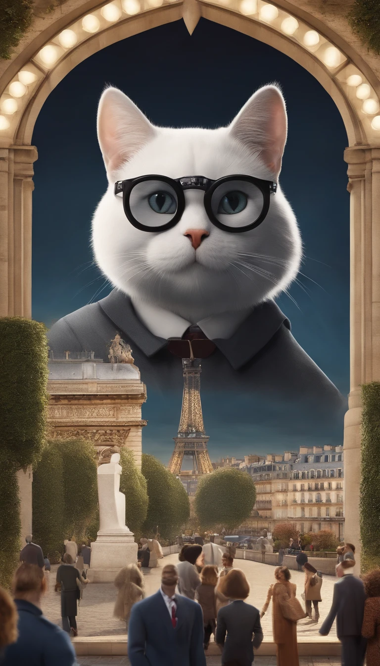 poster for a Disley Pixar film about a trip to Paris, France, The character is a cat with geometric hexagonal glasses, terno preto e camisa branca por debaixo cabelo liso preto, cabelo com tupete, homem idade 36 anos, medium beard. Use Background Various Monuments Of France.