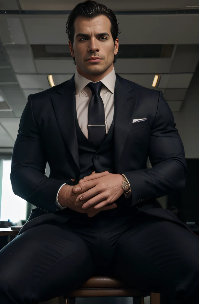 henry cavill big muscles wearing suit big chest sitting with spread legs big bulge in front of pants nice suit luxury office expensive clothes powerful CEO sexy sensual gay wide shot full body shot from below canon 8k masterpiece