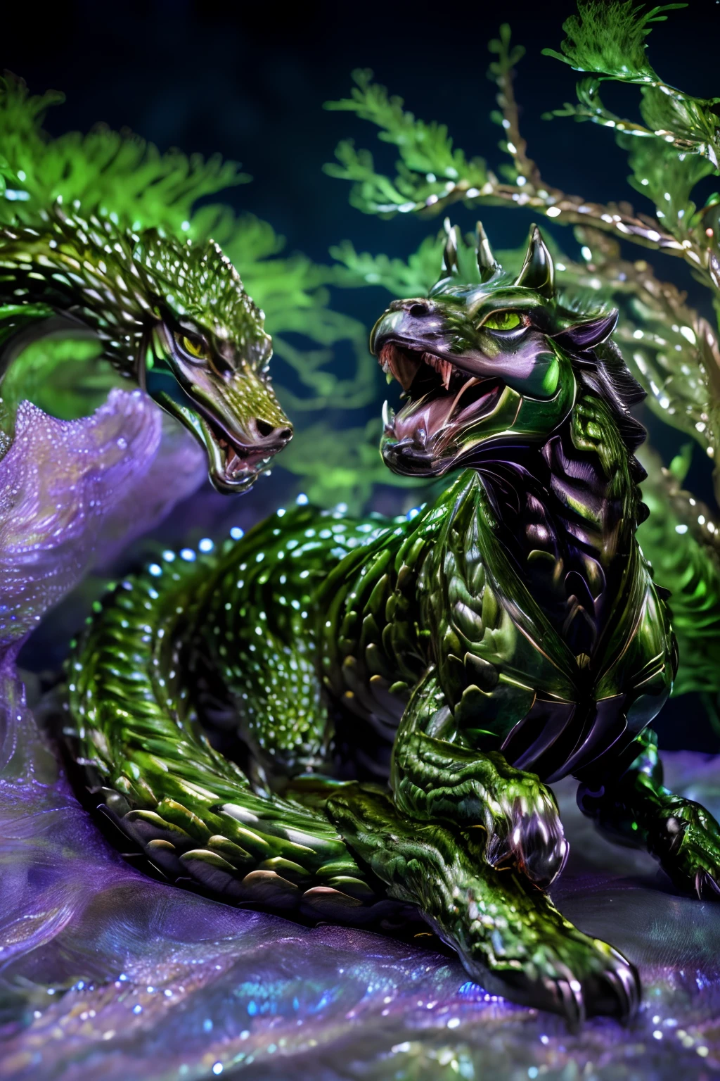 (best quality,4k,8k,highres:1.2),ultra-detailed,(realistic,photorealistic,photo-realistic:1.37),traditional hand-drawn,(Hirohiko Araki-style,Hirohiko Araki-inspired) monster serpent with two heads,(iridescent,shimmering,glowing) scales,sharp-clawed arms,emerald eyes,big mouth.