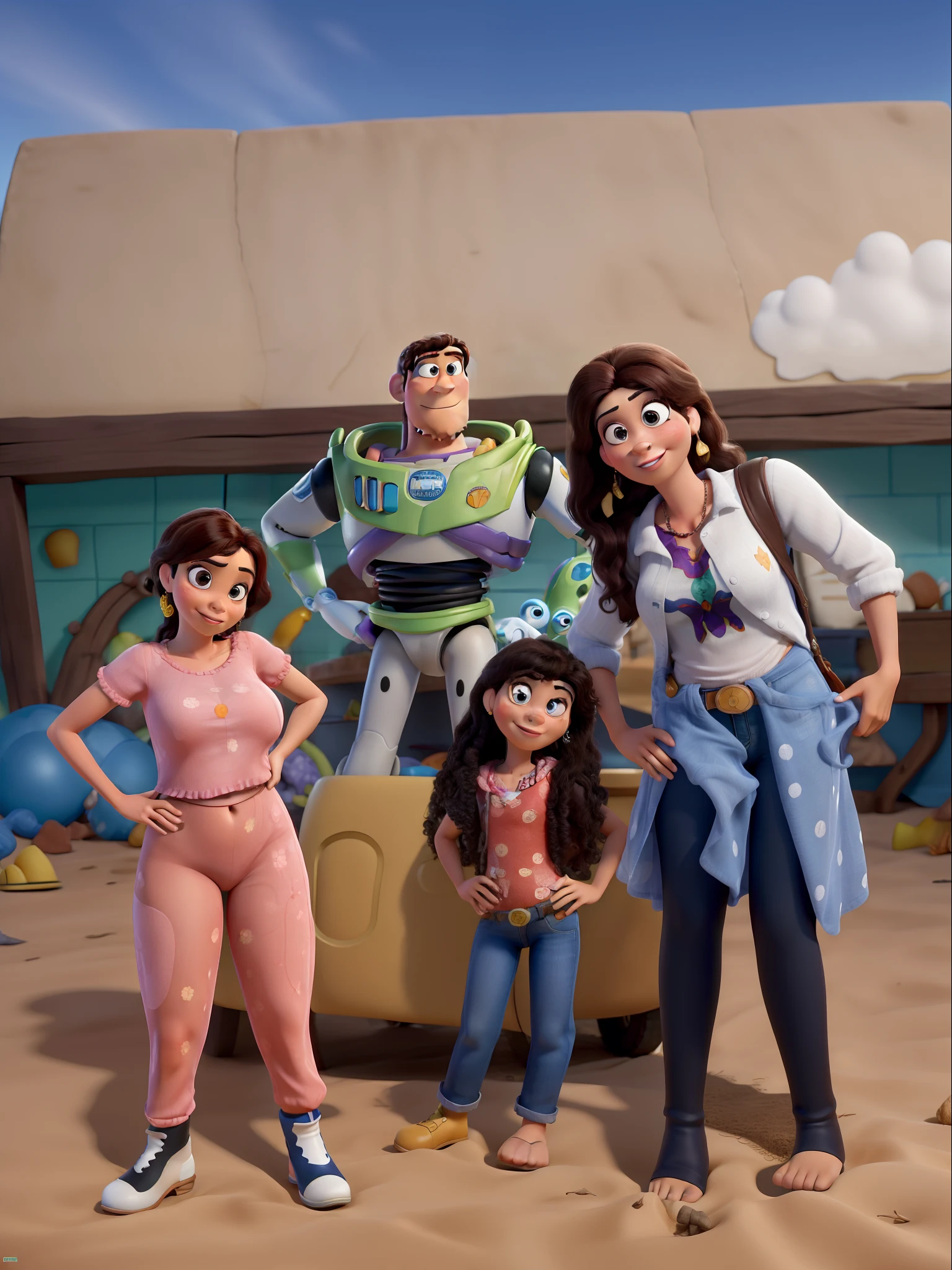 Obra-prima, de melhor qualidade, uma mulher morena olhos pretos ,com a filha no estilo Disney,  no cenario toy story no poster pixar, melhor qualidade