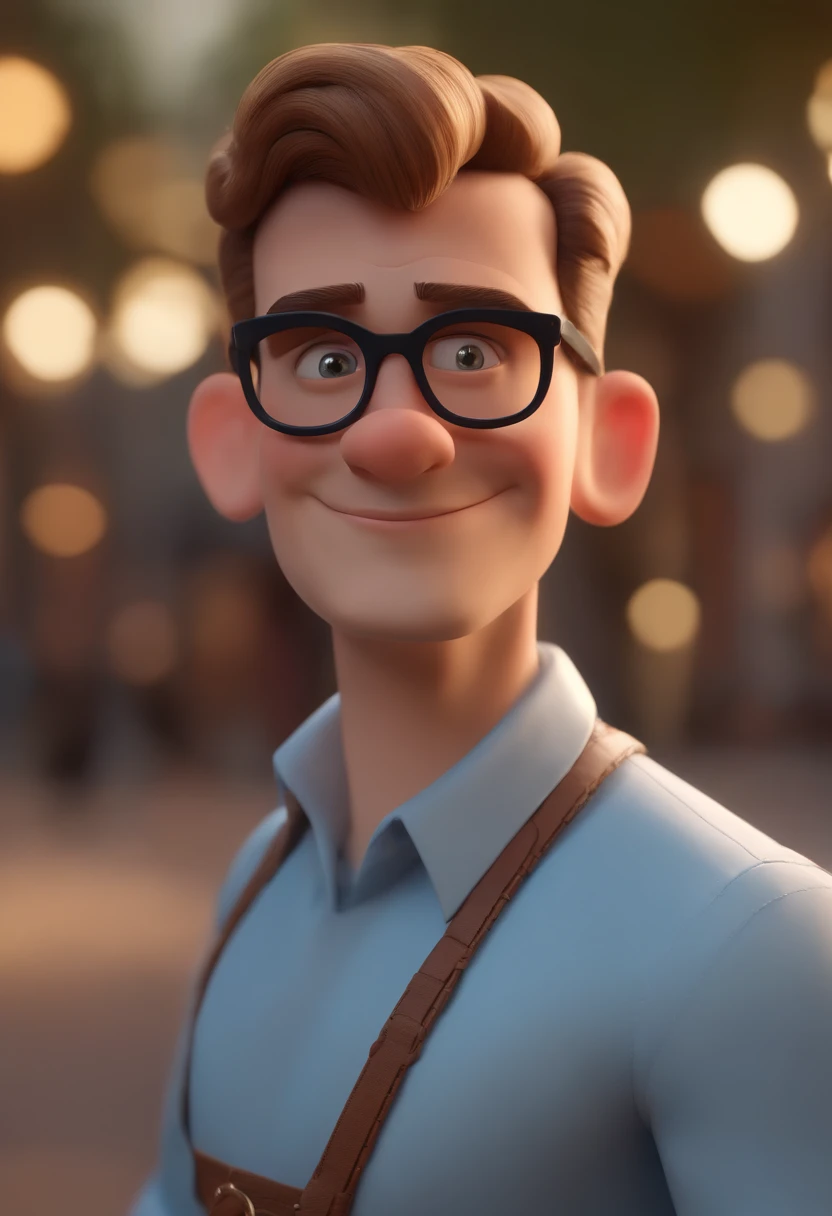 Cartoon character of a man wearing black glasses and a blue shirt, um personagem animado, Caractere estilizado, animation style rendering, 3D estilizado, Arnold Maya render, 3 d render stylized, toon render keyshot, Personagem 3D, Personagem 3D, 3d rendering stylized, 3 d character render, personagem de desenho animado, Personagem de close up, Pose de personagem, (Estilo Pixar) (master part:1.2) (Bokeh) (best quality) (pele detalhada) (textura detalhada) (8k) (argila) (Cinematic lighting) (foco nítido,Senta e vaza a parte superior do corpo