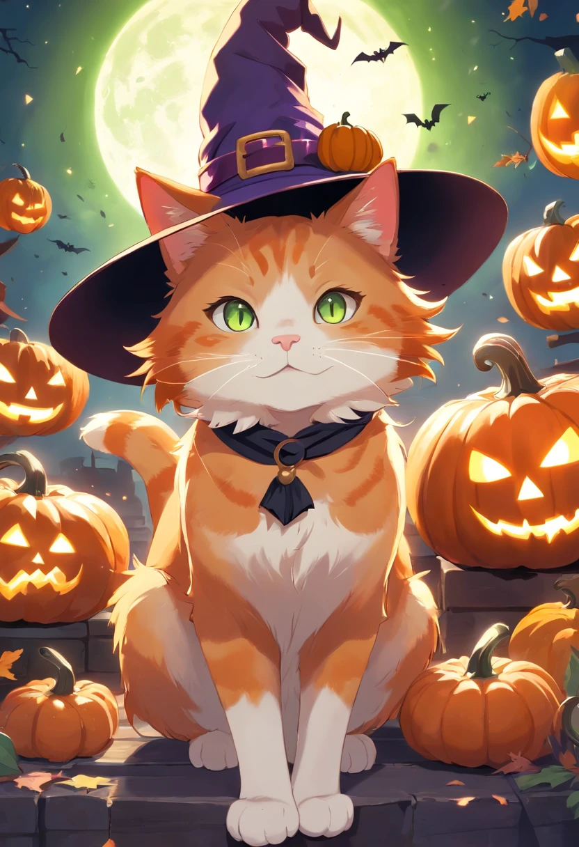 Ginger cat in a witch's hat, It has white front paws, There are also green and brown eyes, pumpkins, Halloween, the bats