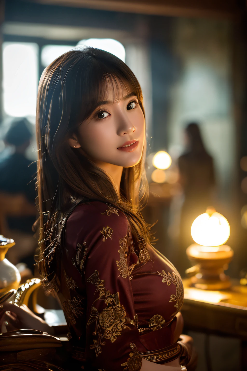 (Raw photography、top-quality)、(realisitic、Photorealsitic:1.3)、top-quality、ighly detailed、​masterpiece、ultra-detailliert,1 Chinese model、The upper part of the body_Body、dynamic ungle、world masterpiece theater、Messy_long_hair、top-quality、the Extremely Detailed CG Unity 8K Wallpapers、inky、magnifica、lighting like a movie、lens_f lare、、dunhuang_Style,Colossal tits,