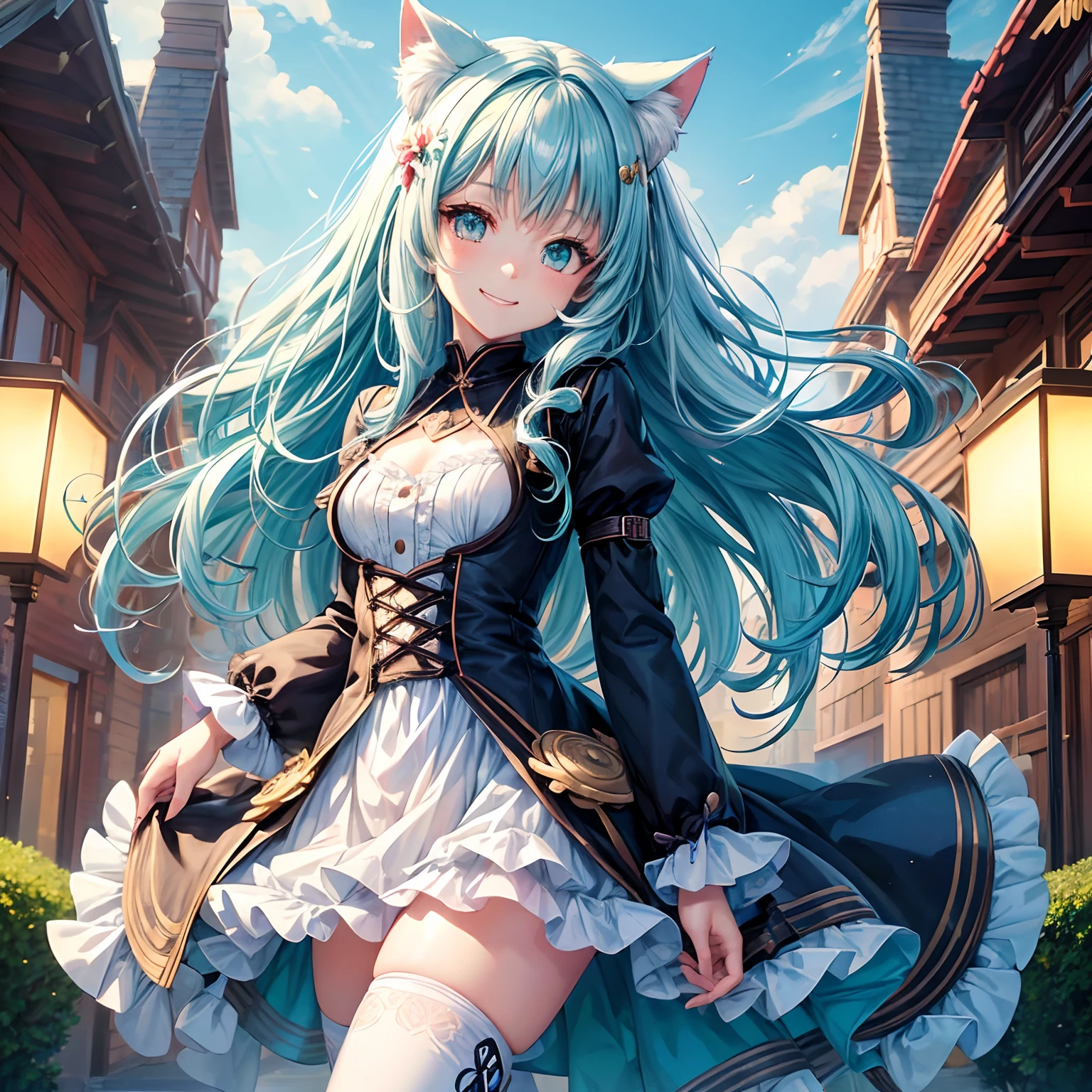 1 cute girl with cat ear and cat tail, high resolution illustration, intricate detail, whole body, Girls' Front, macro shot, head tilt, petite, 1 girl, young girls, long Bright wavy hair, curly hair, Air bangs, beautiful and detailed loong tail, hair intakes, pale blue hair, detailed cute anime face, grin, lovely big eyes, perfect hands, small Breasts, zettai ryouiki, light brown eyes, doll, dress with flower, knee boots, Clear and turquoise sky, rainbow, hyper quality, extremely detailed, ultra-detailed,