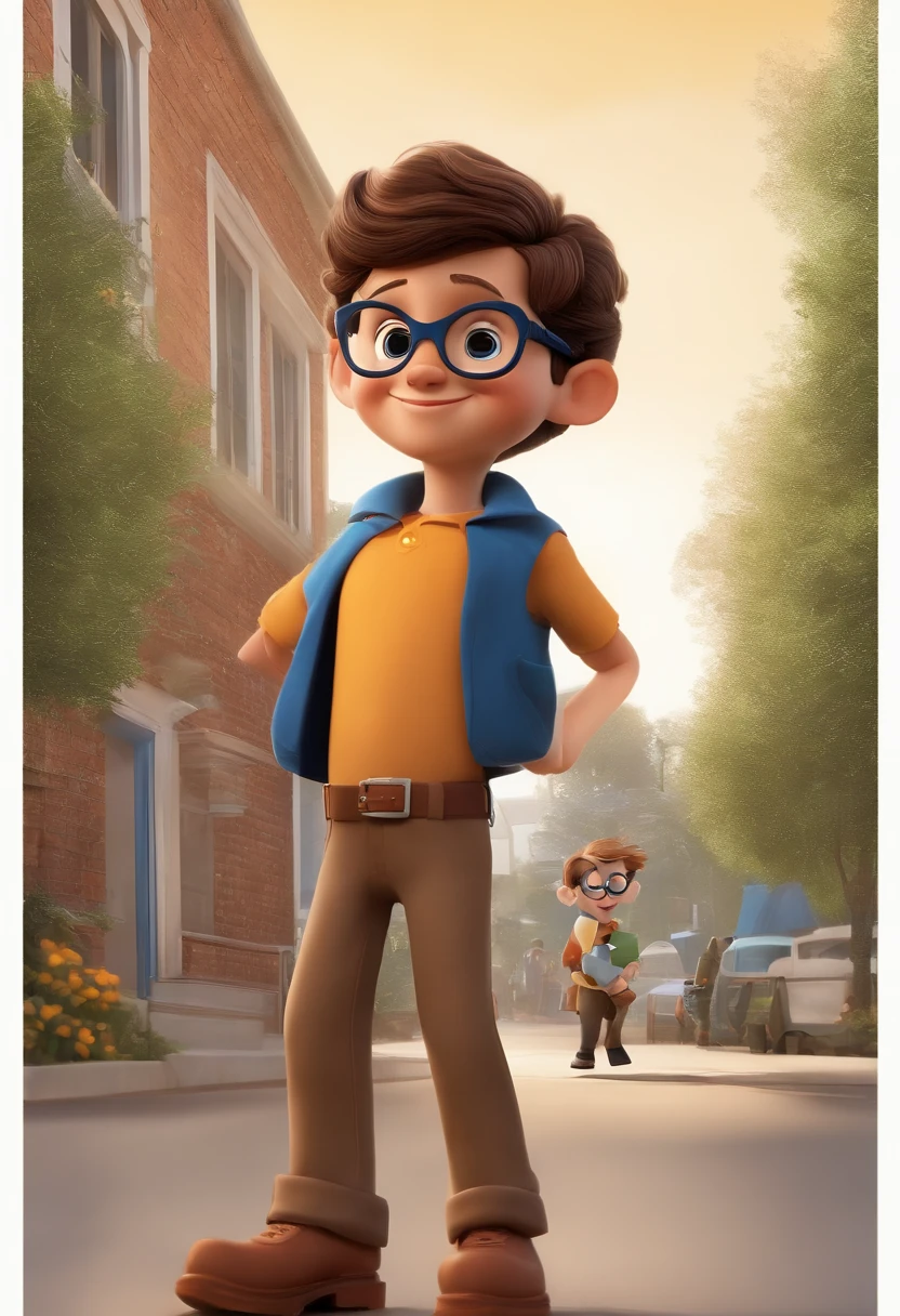 a happy cute kid standing, vestindo uma fantasia of Clark Kent, fundo branco, barnet, tom, Estilo Pixar, ..3d, desenhos animados, rosto detalhado, asymmetrical 16k