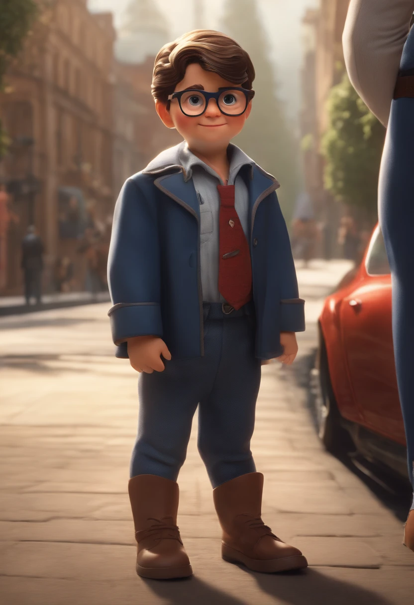 a happy cute kid standing, vestindo uma fantasia of Clark Kent, fundo branco, barnet, tom, Estilo Pixar, ..3d, desenhos animados, rosto detalhado, asymmetrical 16k