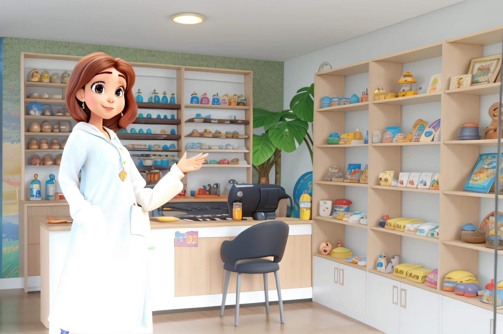 Mulher estilo disney pixar, alta qualidade, mulher pele clara com cabelo curto acima do combro de cor loira, drogaria, mulher de jaleco branco sorrindo