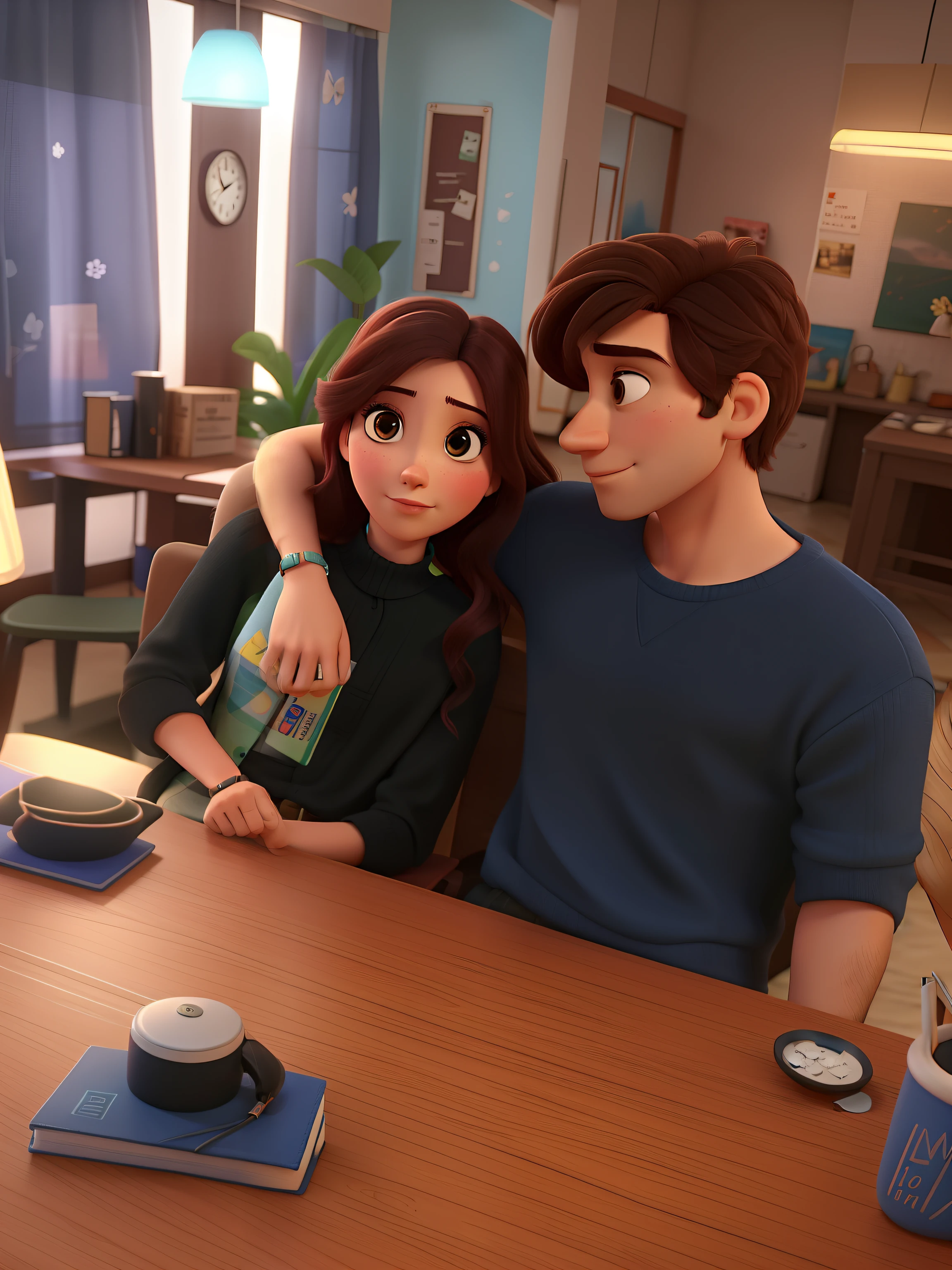 Um casal, The woman looking at the camera and the boyfriend looking at her, muito apaixonados, clima estilo cinema , estilo pixar