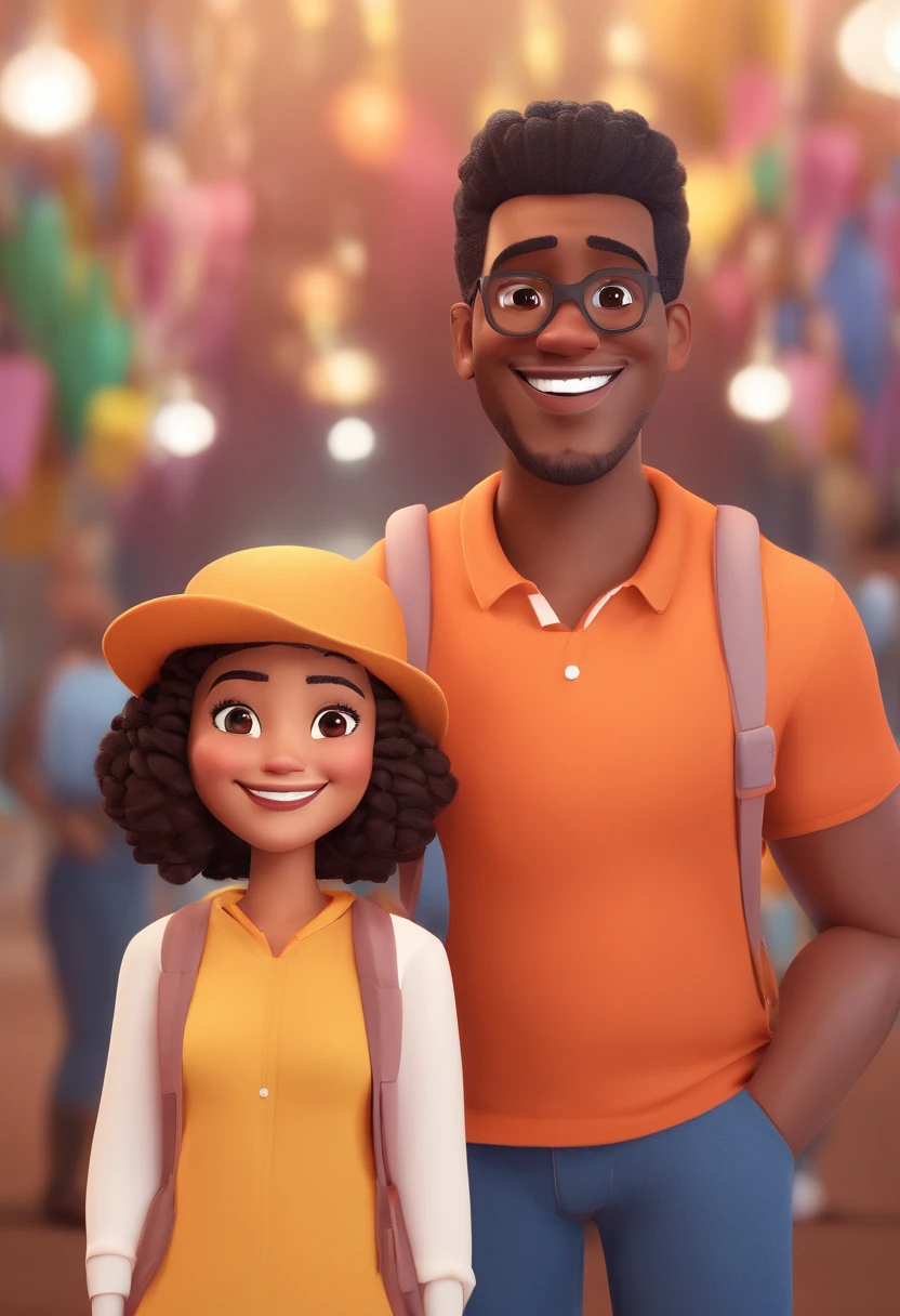 An illustration of an adorable couple, Highlight for a chubby mulatto man with glasses smiling and a brunette woman with beautiful expressive eyes - the man's skin is mulatto and the man's hair haswhile the woman's skin is black and the woman's hair is straight and brown. They are a bright room, cada um com um sorriso no rosto, e compartilhar um momento especial caracterizado pelo amor, Insights. Illustrate this scene from a perspective where they are facing the camera, Smiling and Showing Your Connection. Desenvolva esta arte em Full HD, Focus on your cinematic touch, Estilo Disney Pixar Animations