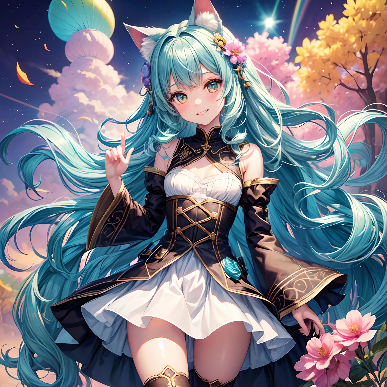 1 cute girl with cat ear and cat tail, high resolution illustration, intricate detail, whole body, Girls' Front, macro shot, head tilt, petite, 1 girl, young girls, long Bright wavy hair, curly hair, Air bangs, beautiful and detailed loong tail, hair intakes, pale blue hair, detailed cute anime face, grin, lovely big eyes, perfect hands, small Breasts, zettai ryouiki, light brown eyes, doll, dress with flower, knee boots, Clear and turquoise sky, rainbow, hyper quality, extremely detailed, ultra-detailed,