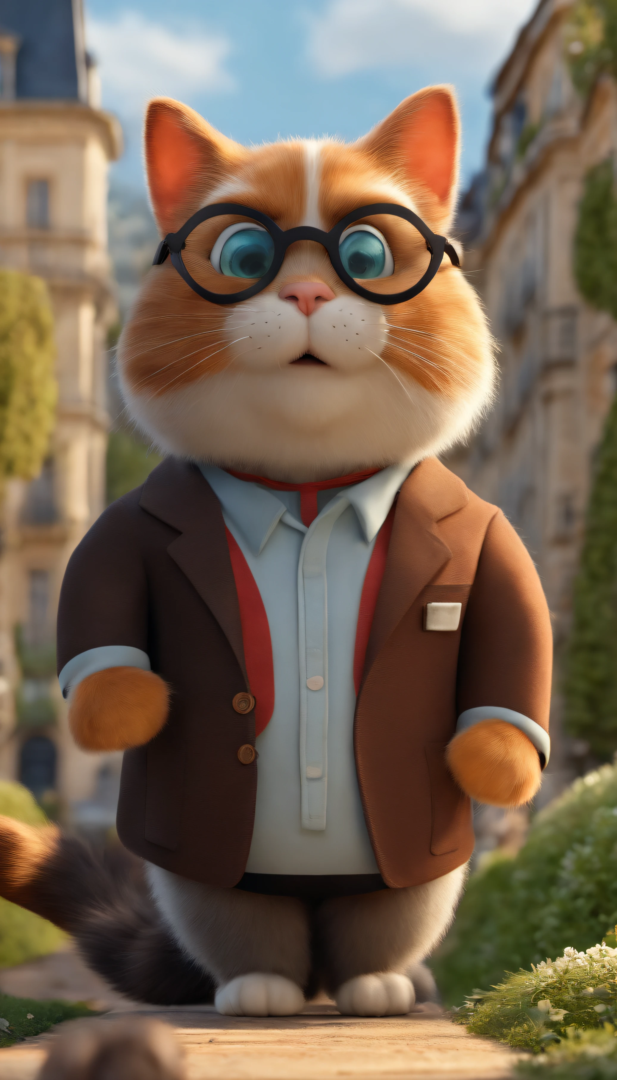 poster for a Disley Pixar film about a trip to Paris, France, The character is a cat with geometric hexagonal glasses, terno preto e camisa branca por debaixo cabelo liso preto, cabelo com tupete, homem idade 36 anos, medium beard. Use Background Various Monuments Of France.