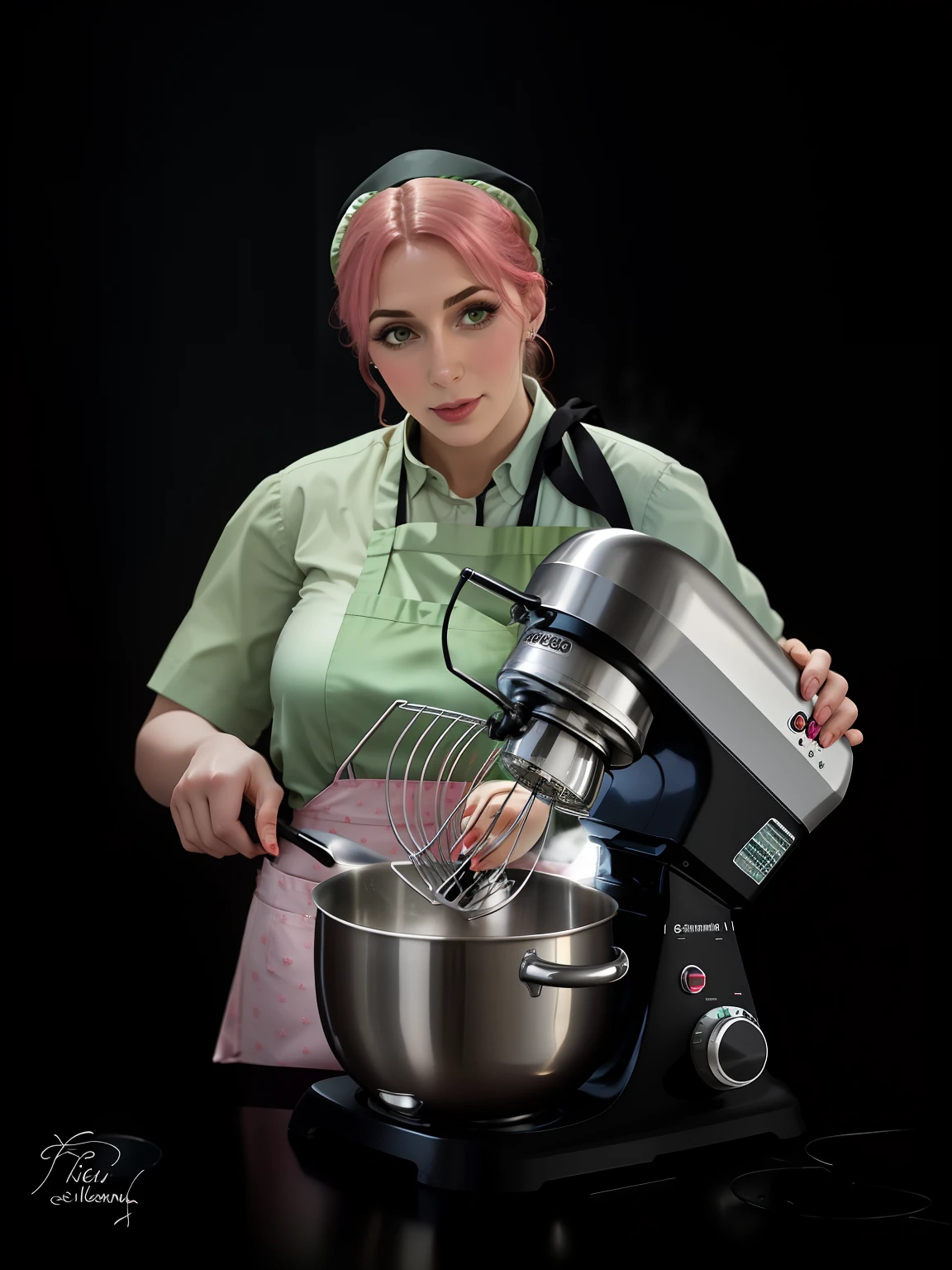 Woman in green shirt and pink apron with a mixer in her hand, cooking show, cozinhar, inspired by Gina Pellón, sofya emelenko, inspired by Carlos Enríquez Gómez, Moleksandra Shchaslyva, Ekaterina, Angelina Stroganova, Svetlana Tigai, cooky, Assar um bolo, Derevschikova