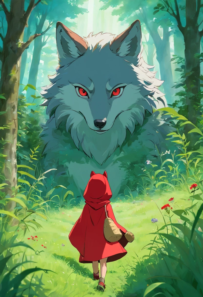 The cunning wolf hides in the grass,Quietly observing Little Red Riding Hood in the distance,Look at the back of Little Red Riding Hood,There was malice in his eyes。in the style of Hayao Miyazaki