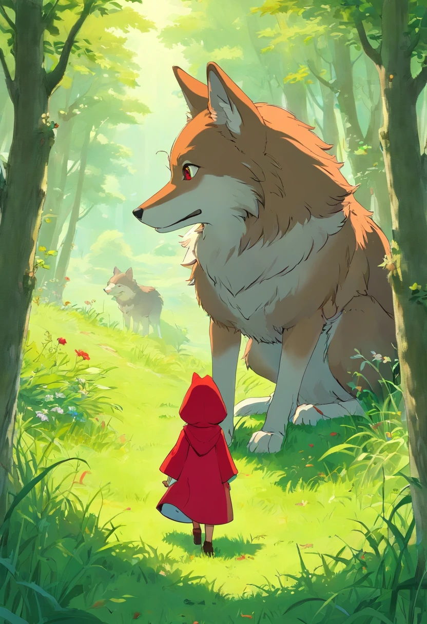 The cunning wolf hides in the grass,Quietly observing Little Red Riding Hood in the distance,Look at the back of Little Red Riding Hood,There was malice in his eyes。in the style of Hayao Miyazaki