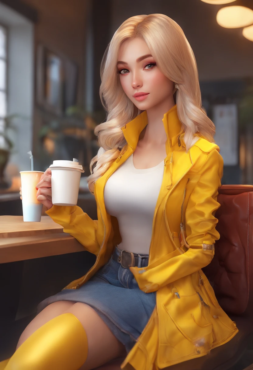 a woman in a yellow jacket holding a cup of coffee, Artgerm extremamente detalhado, anime girl drinks energy drink, Senna de League of Legends, Linda Brigitte de Overwatch, Brigitte de Overwatch, Ruan Jia e Artgerm, trending artgerm, Faye Valentim, como Artgerm, gama murata e Artgerm, Modelo IG | Artgerm