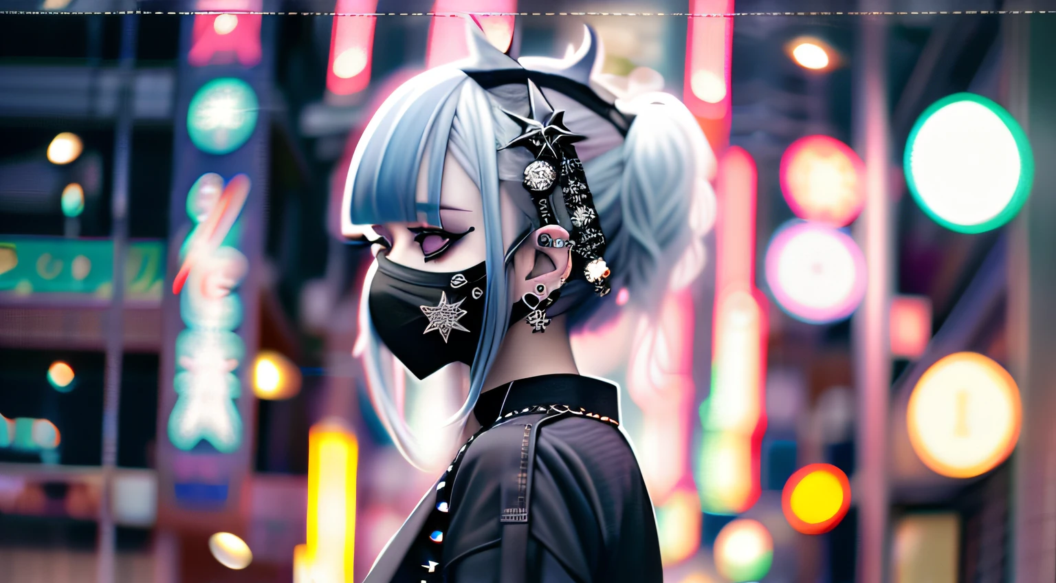 goth_punk, 1girl, solo, medium shot, walking in harajuku, ((night time)), bokeh, neon light, iridescent eyes, starry sky, white shimmer hair, white eyebrow, glowing hair, (iridescent white hair), earrings, bangs, jewelry, mask, blunt bangs, green eyes, mouth mask, blurry background, blurry, hair ornament, looking at viewer, short hair, portrait, sidelocks