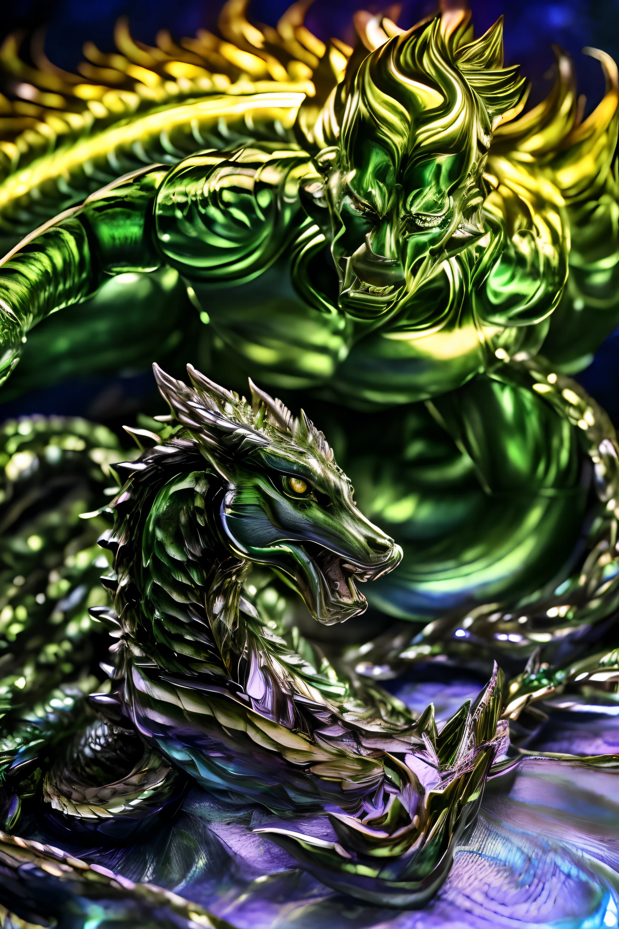 (best quality,4k,8k,highres:1.2),ultra-detailed,(realistic,photorealistic,photo-realistic:1.37),traditional hand-drawn,(Hirohiko Araki-style,Hirohiko Araki-inspired) monster serpent with two heads,(iridescent,shimmering,glowing) scales,sharp-clawed arms,emerald eyes,big mouth.