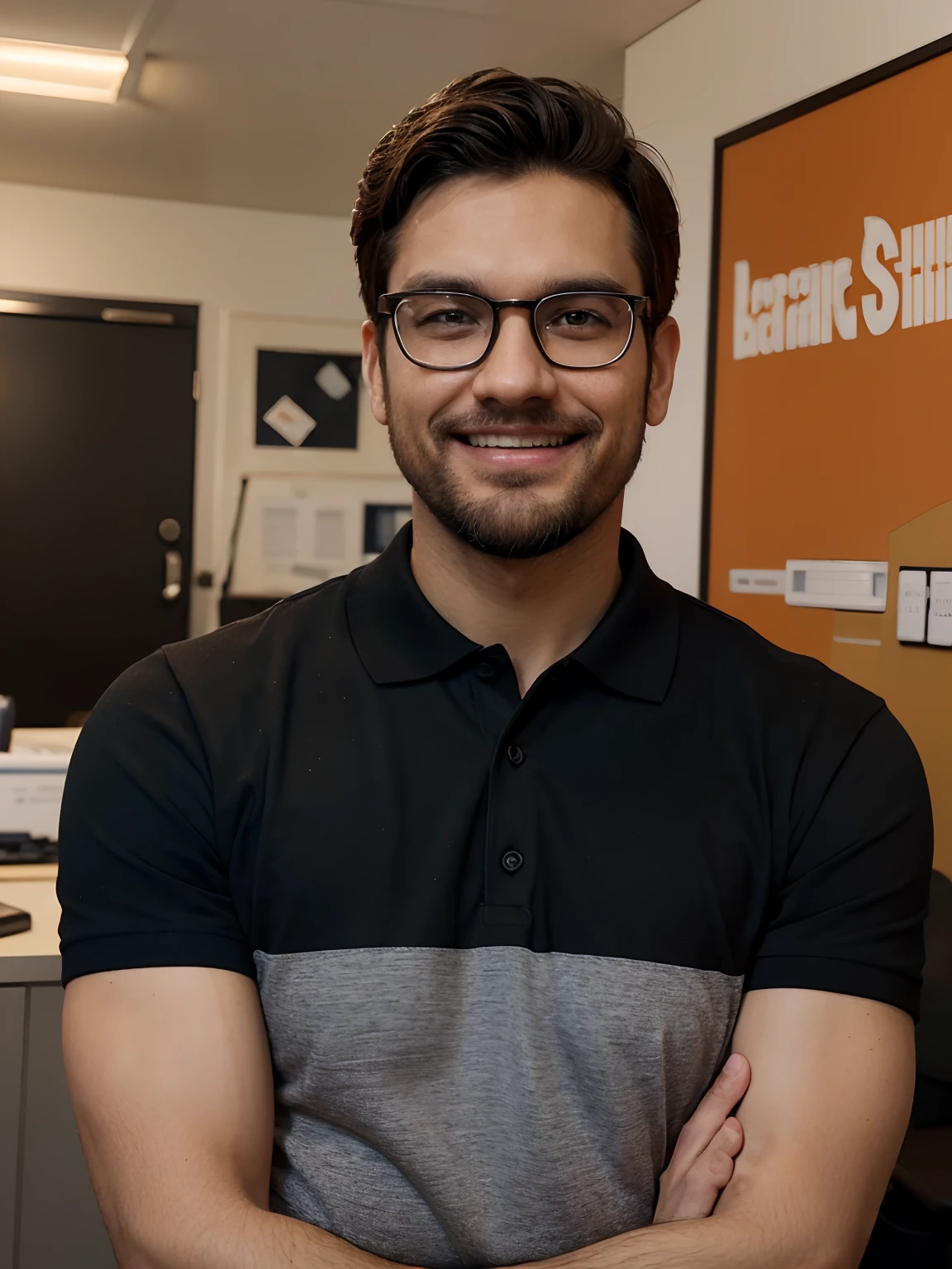 Create Pixar animation-style image of a man with short, dark hair, Wearing rectangular glasses with black frames. He's smiling at the camera, exibindo seus dentes brancos. The man's face is adorned with a medium, well-groomed beard. He is wearing a dark blue polo shirt with two buttons, that open to reveal an orange-colored button. The man is posing for a photo, Arms crossed showing off her personality and attractive appearance. In the background of the image it should show an office.