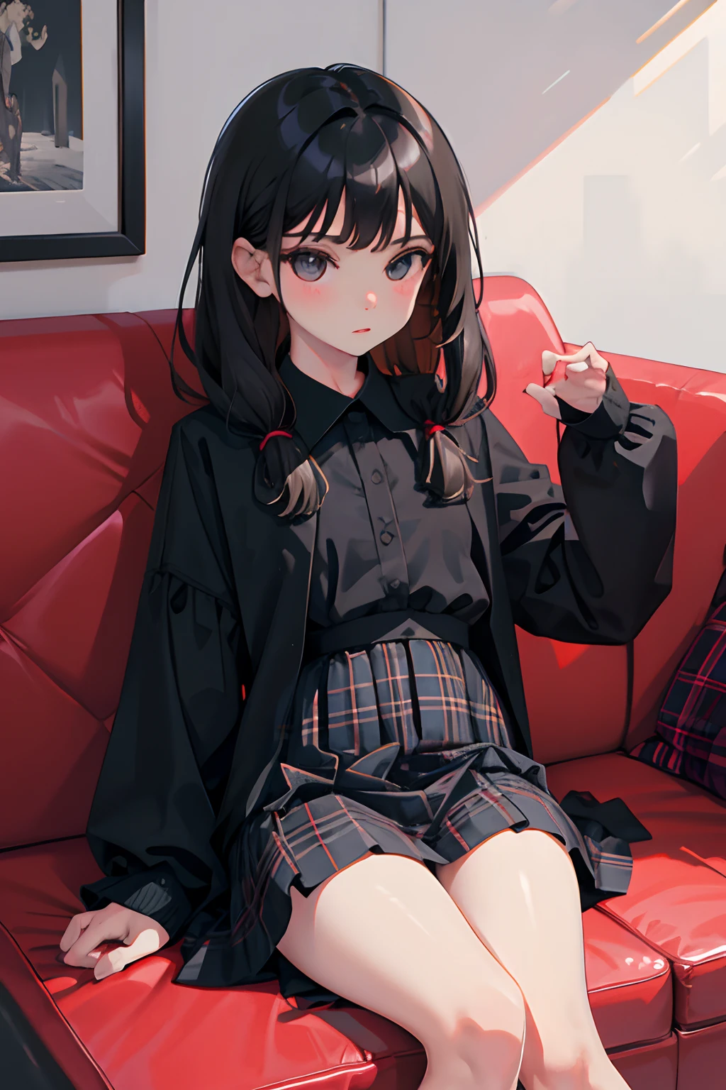 (),(masterpiece,Highest Quality),wariza,Black blouse,plaid skirts,A dark-haired,sofas