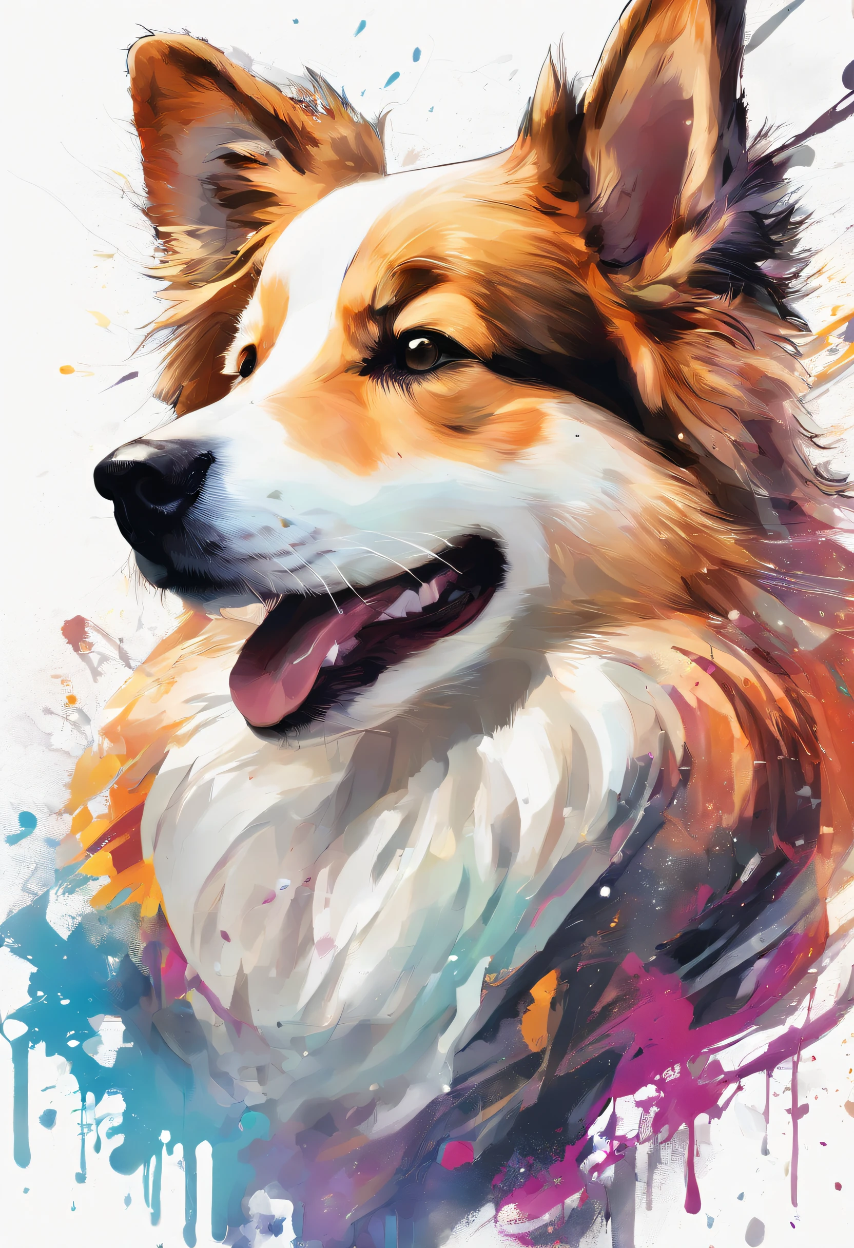 Splash Art, Shetland Shetland Shepherd Dog, ((White background)), piercing eyes, Epic Instagram, art  stations, splash style of color paint, contours, hyper detailed intricately detailed , illusory engine, Fantastical, intricately details,, Complementary colors, fantasy concept art, 8K resolution, Deviantart's masterpiece, Oil painting, Heavy strokes, paint drips, splashart