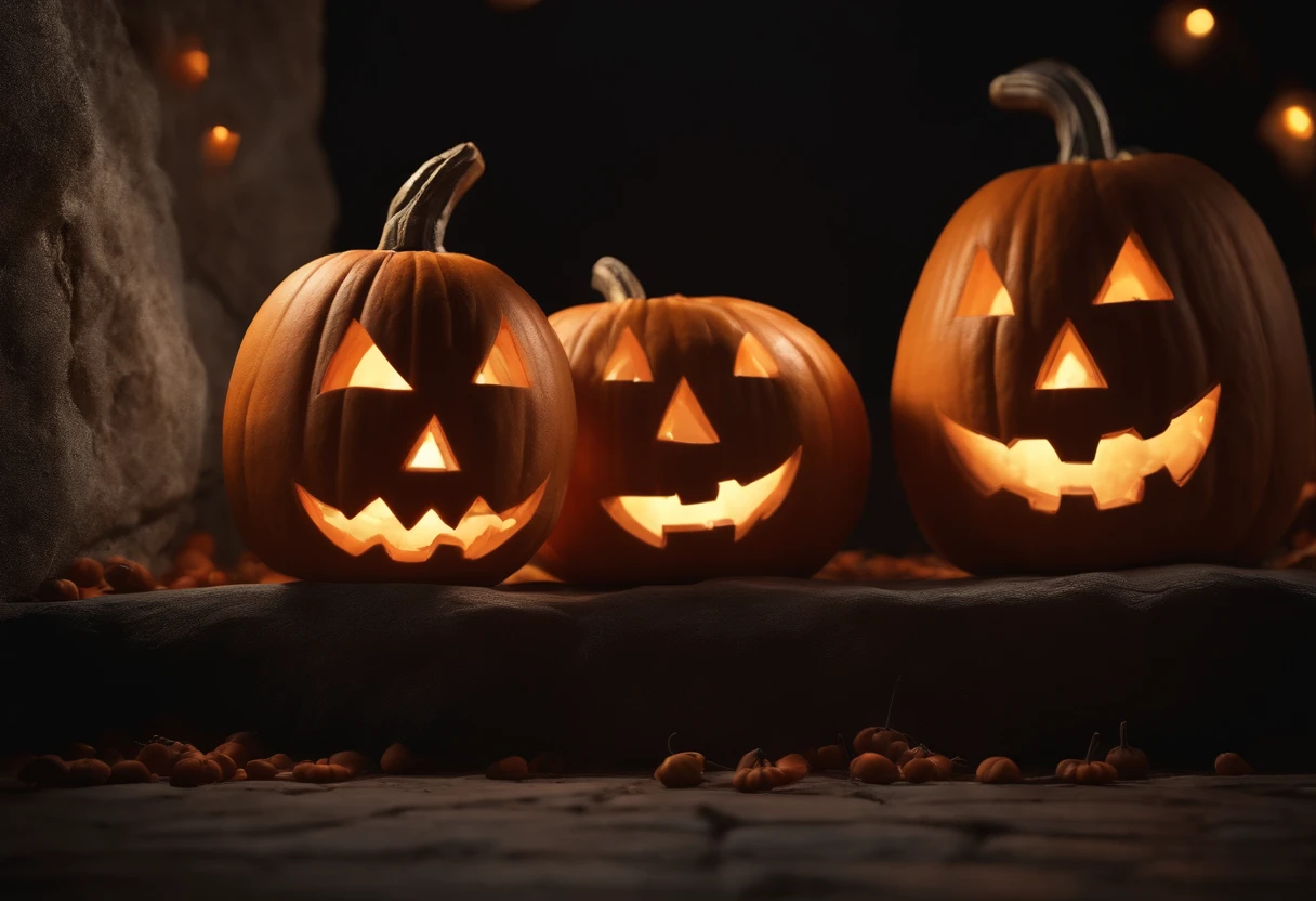 a wall of stones, Halloween pumpkins lined up, candlelight on two people's heads between the pumpkins, a funny photo (best quality,4k,8k,highres,masterpiece:1.2), ultra-detailed, (realistic,photorealistic,photo-realistic:1.37), HDR, UHD, studio lighting, extreme detail description, professional, vivid colors, bokeh, illustrated, horror, warm color tone, soft lighting